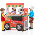 Wooden Pizza Food Truck Toy for Kids, 3 in 1 Pretend Play Kitchen with Ice Cream Cart & Grill, Kids Pizza Cart with Play Food & Menu Board, Montessori Role Wooden Pizza Shop Playset for Ages 3+, Red