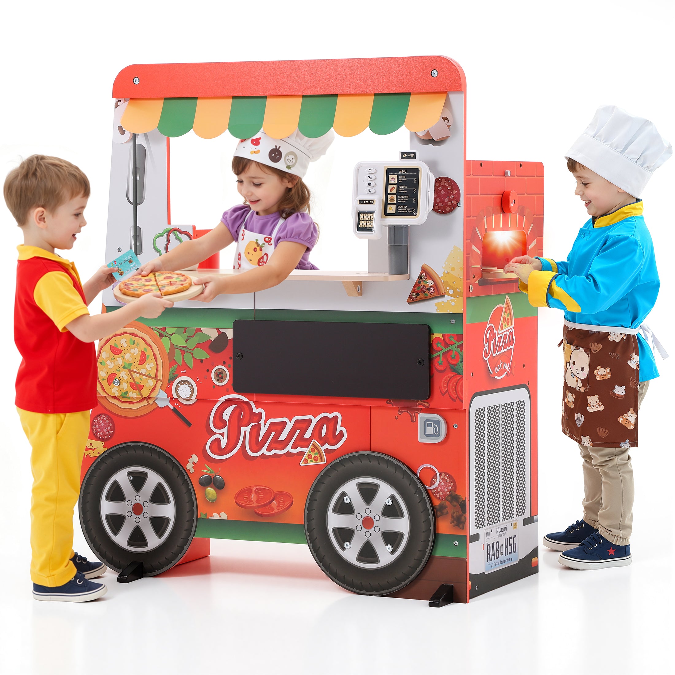 Wooden Pizza Food Truck Toy for Kids, 3 in 1 Pretend Play Kitchen with Ice Cream Cart & Grill, Kids Pizza Cart with Play Food & Menu Board, Montessori Role Wooden Pizza Shop Playset for Ages 3+, Red