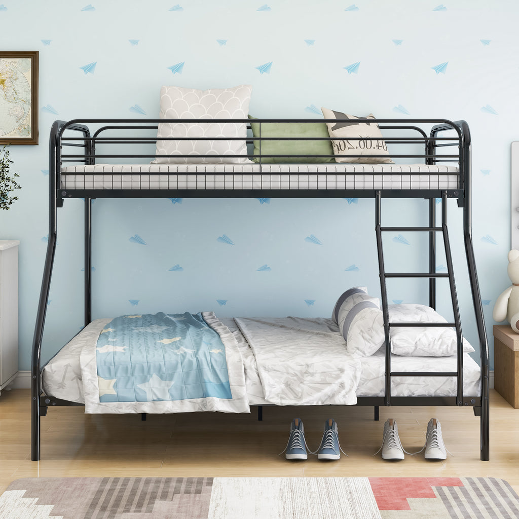 Metal Twin Over Full Bunk Bed, Heavy-duty Metal Bunk Beds For Kids Twin Over Full Size, Low Profile Metal Bunk Bed with Ladder and Full-Length Guardrail, Modern Kids Room Furniture, Black