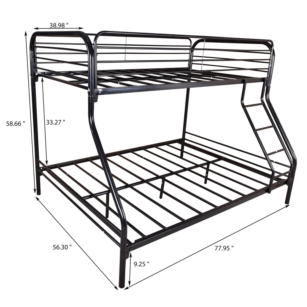 Metal Twin Over Full Bunk Bed, Heavy-duty Metal Bunk Beds For Kids Twin Over Full Size, Low Profile Metal Bunk Bed with Ladder and Full-Length Guardrail, Modern Kids Room Furniture, Black