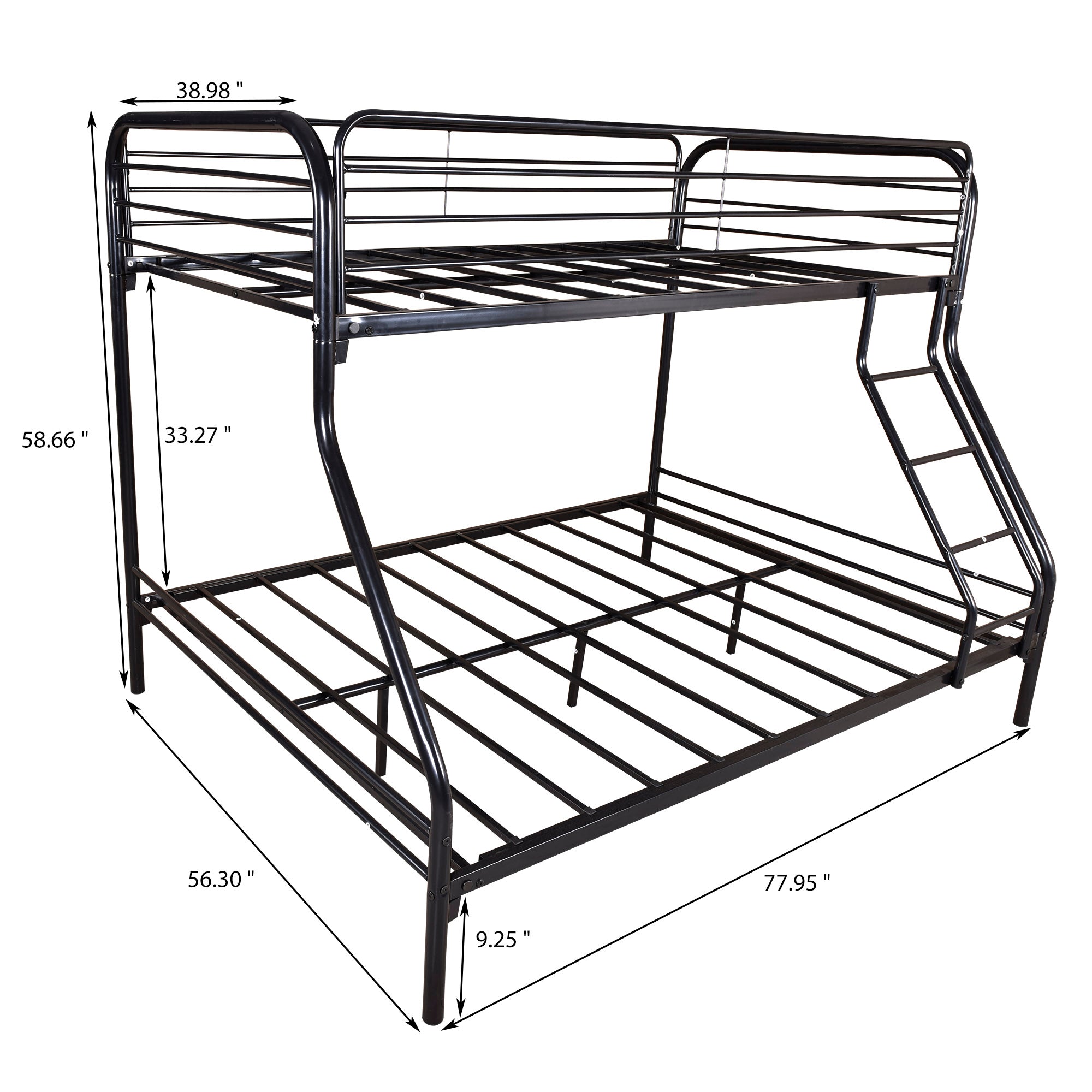Metal Twin Over Full Bunk Bed, Heavy-duty Metal Bunk Beds For Kids Twin Over Full Size, Low Profile Metal Bunk Bed with Ladder and Full-Length Guardrail, Modern Kids Room Furniture, Black