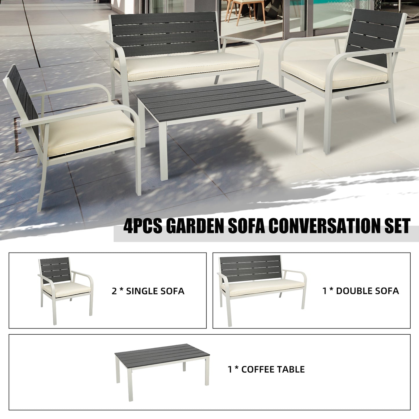 UHOMEPRO 4 Piece Outdoor Patio Dining Sets Metal Furniture Conversation Sets with Table and Chairs/ Cushions, for Yard Garden