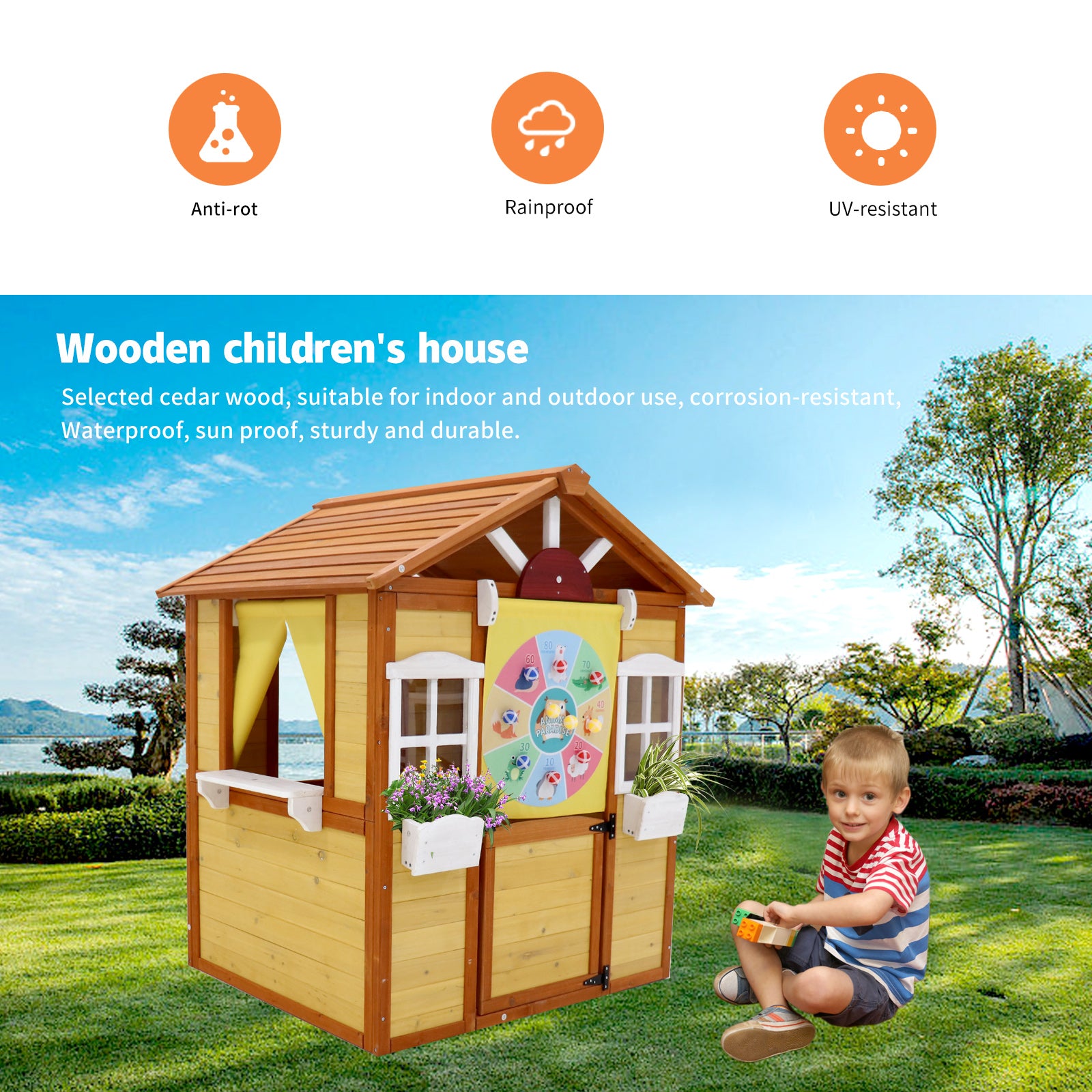 COCLUB Outdoor Wooden Playhouse for Kids Ages 4-8 – Durable Playhouse with Outdoor Kitchen, Snack-Bar & Gardening Kit (39"x33.7"x51") | Casa para Niños de Jardín
