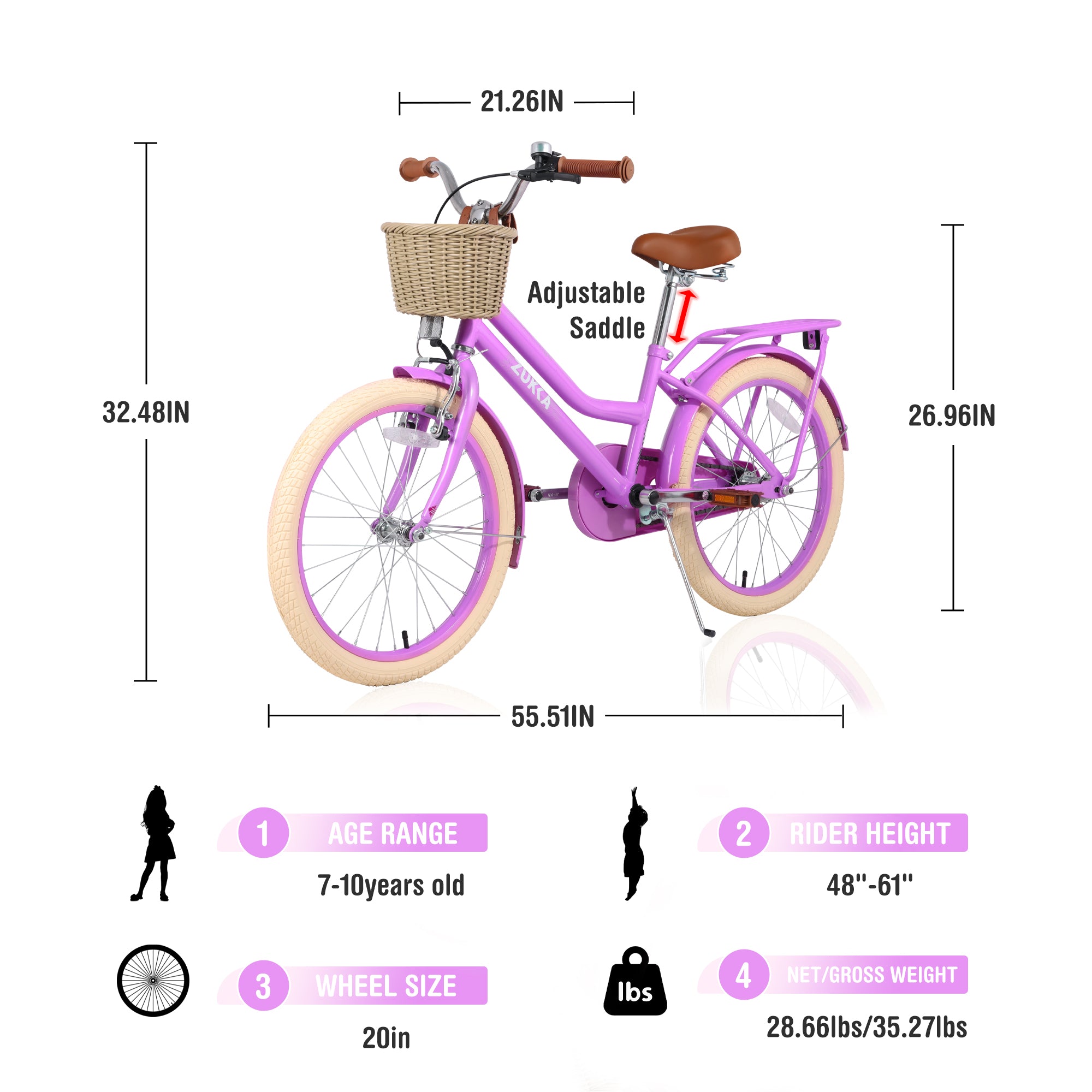 Girls Bike with Basket for Kids 7-10, 20" Kids' Bicycles Leather Saddle & Safety Bell, Pink