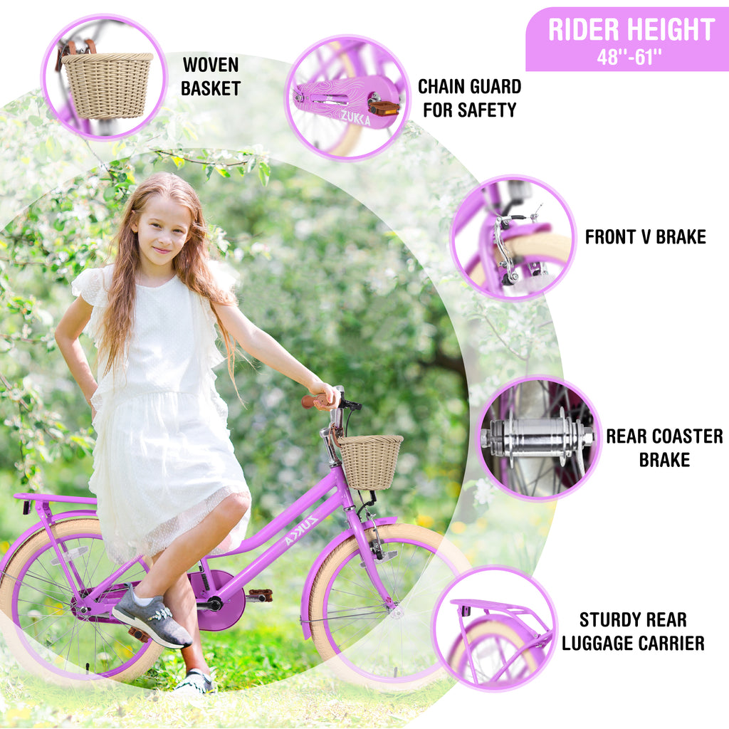 Girls Bike with Basket for Kids 7-10, 20" Kids' Bicycles Leather Saddle & Safety Bell, Pink