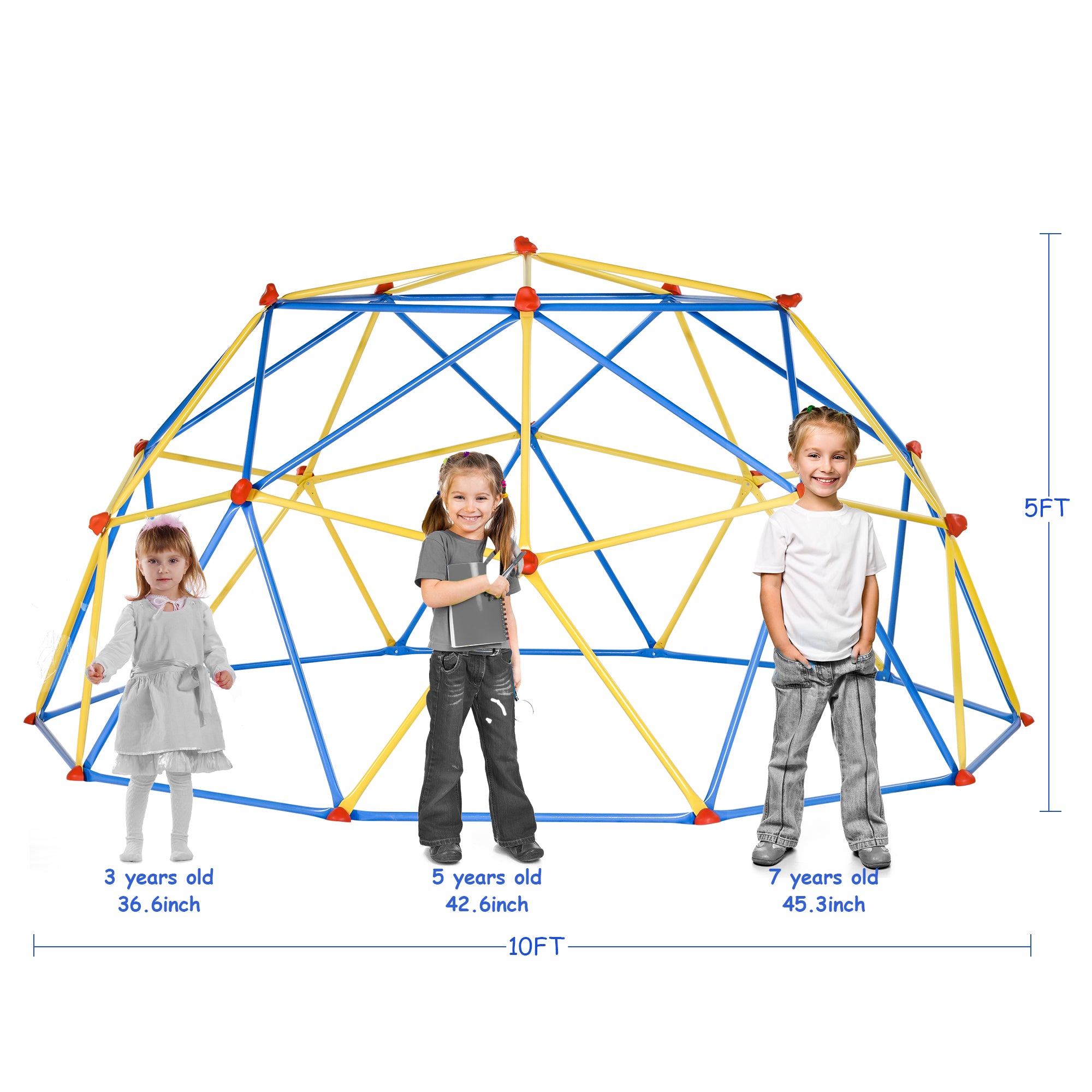 UHOMEPRO 10 FT Climbing Dome with Hammock, Outdoor Play Equipment Supporting 1000 lbs, Anti-Rust Jungle Gym, Easy Assembly Geometric Dome Climber Play Center, Blue+Yellow