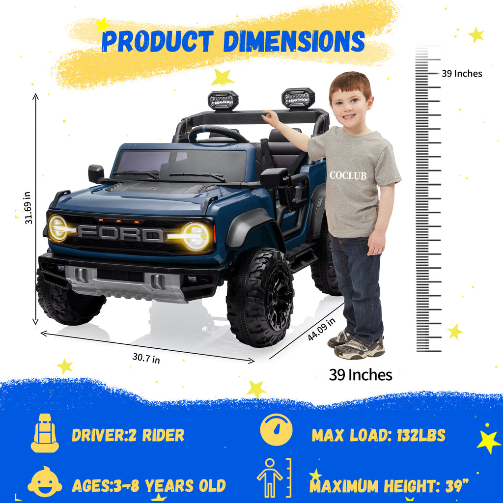 2 Seats 24V Electric Car for Big Kids, Licensed Ford Bronco Raptor Powered Ride On Car with 4 Wheels Spring Suspension, Parent Remote Control, 24V Ride On Toys for Ages 3-8 Boys Girls Gifts