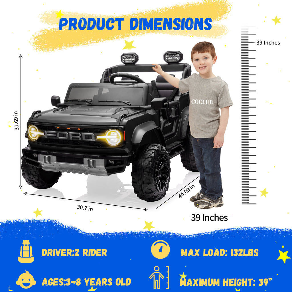 2 Seats 24V Electric Car for Big Kids, Licensed Ford Bronco Raptor Powered Ride On Car with 4 Wheels Spring Suspension, Parent Remote Control, 24V Ride On Toys for Ages 3-8 Boys Girls Gifts