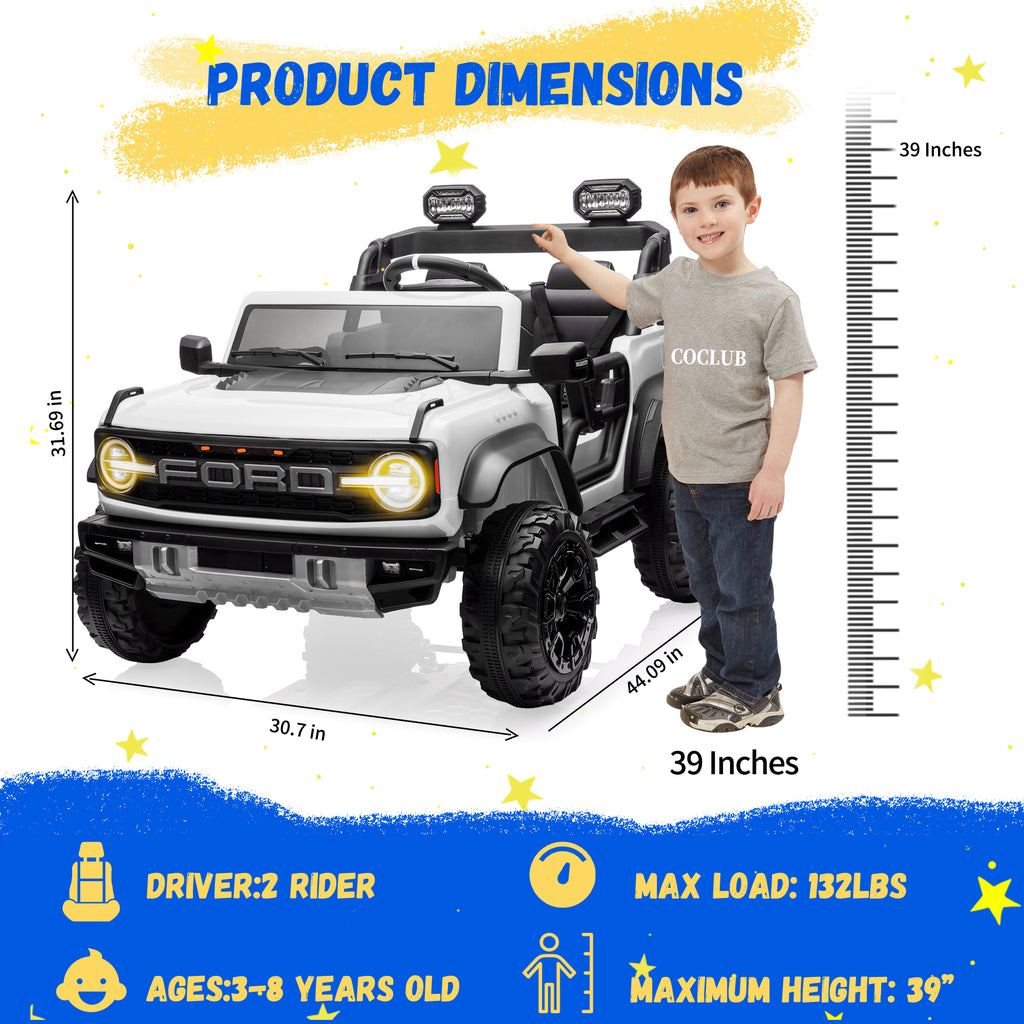 2 Seats 24V Electric Car for Big Kids, Licensed Ford Bronco Raptor Powered Ride On Car with 4 Wheels Spring Suspension, Parent Remote Control, 24V Ride On Toys for Ages 3-8 Boys Girls Gifts