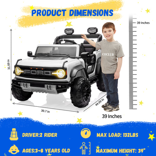 2 Seats 24V Electric Car for Big Kids, Licensed Ford Bronco Raptor Powered Ride On Car with 4 Wheels Spring Suspension, Parent Remote Control, 24V Ride On Toys for Ages 3-8 Boys Girls Gifts