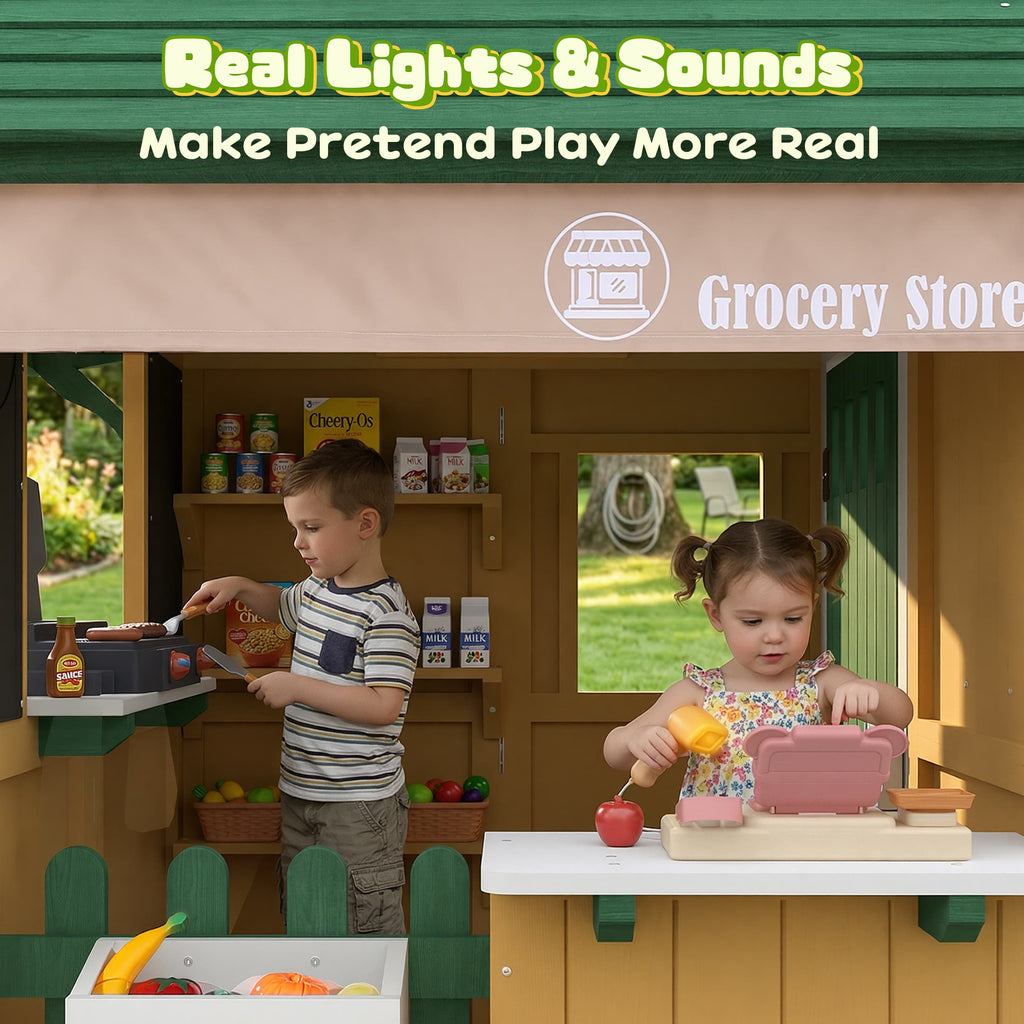 COCLUB Playhouses for Kids Outside, Grocery Store Pretend Play w/ Toy Cash Register and Pretend Food, Wood Casitas Para NiñAs w/Easy Bake Oven, Cooking Toys, Mailbox, Backyard Play House White