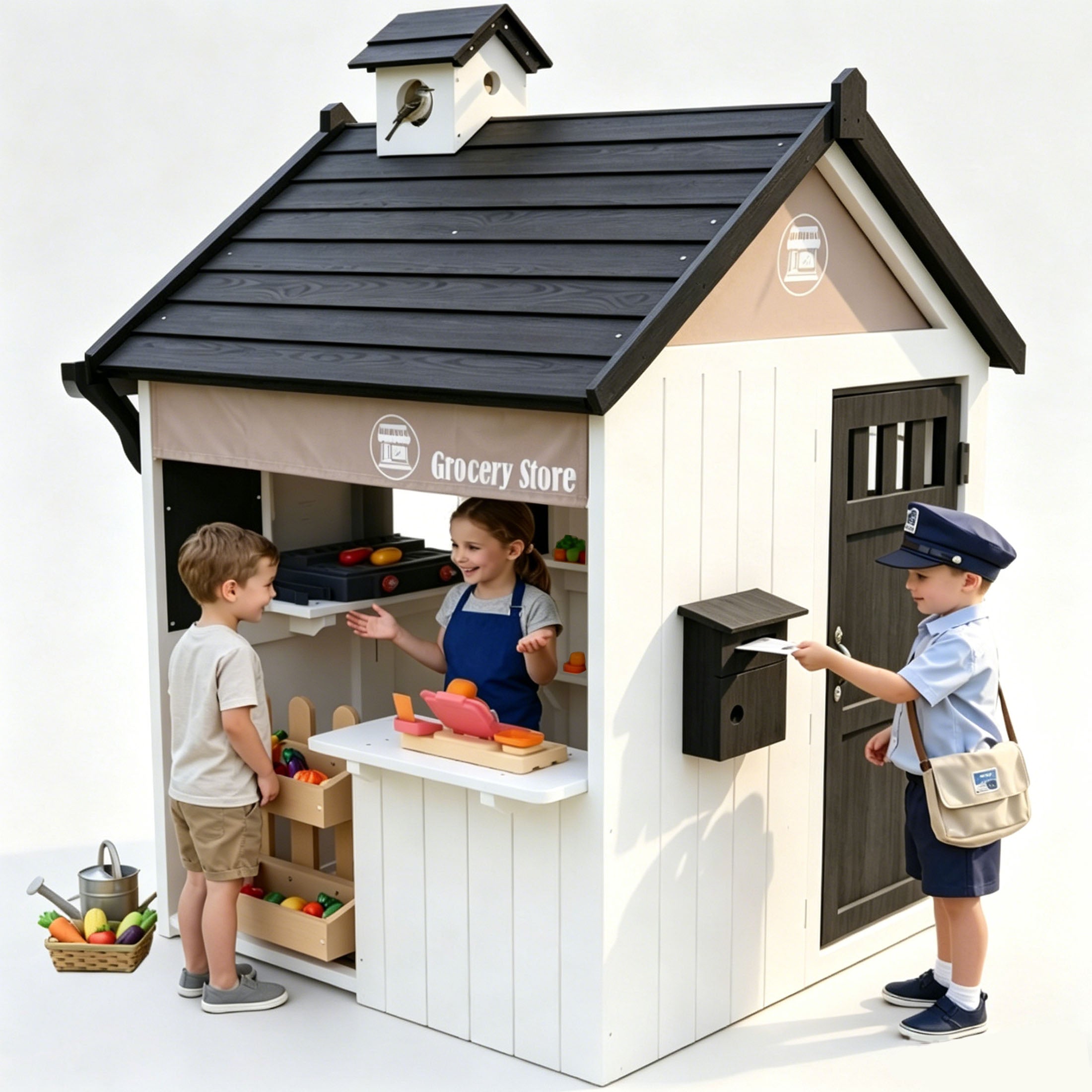 COCLUB Playhouses for Kids Outside, Grocery Store Pretend Play w/ Toy Cash Register and Pretend Food, Wood Casitas Para NiñAs w/Easy Bake Oven, Cooking Toys, Mailbox, Backyard Play House White