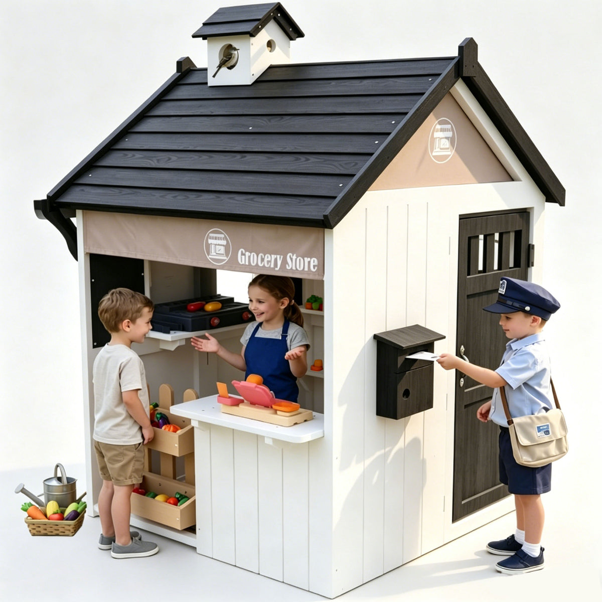 COCLUB Playhouse for Kids Outdoors, 2-in-1 Backyard Playhouse with Grocery Store and BBQ Grill Station, Cedar Wood