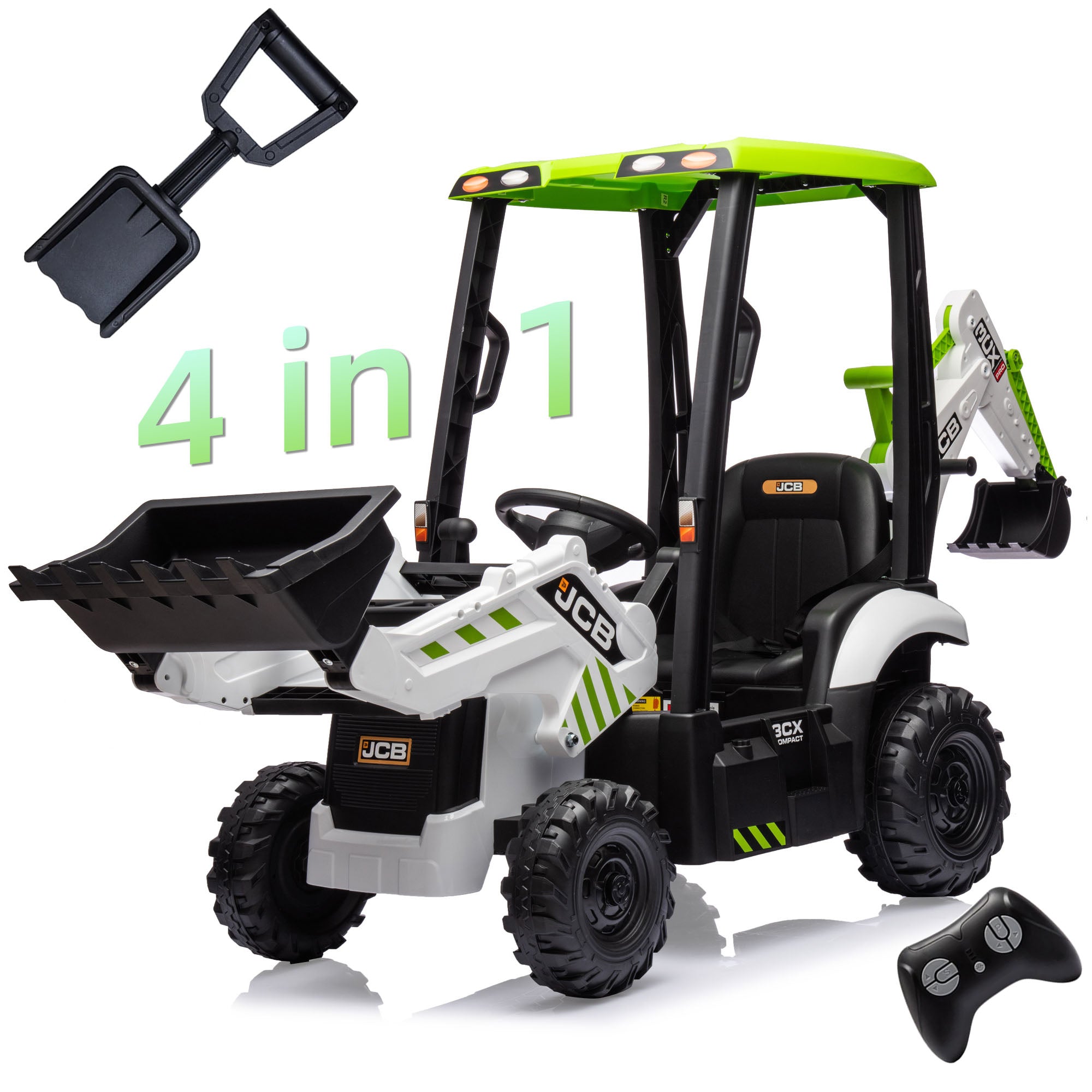 JCB Excavator Ride on & Bulldozer, 12V Battery Powered Construction Vehicles for Kids with Remote Control and Front Loader, Music Player, Backhoe Loader Ride-On Large Digger Yellow