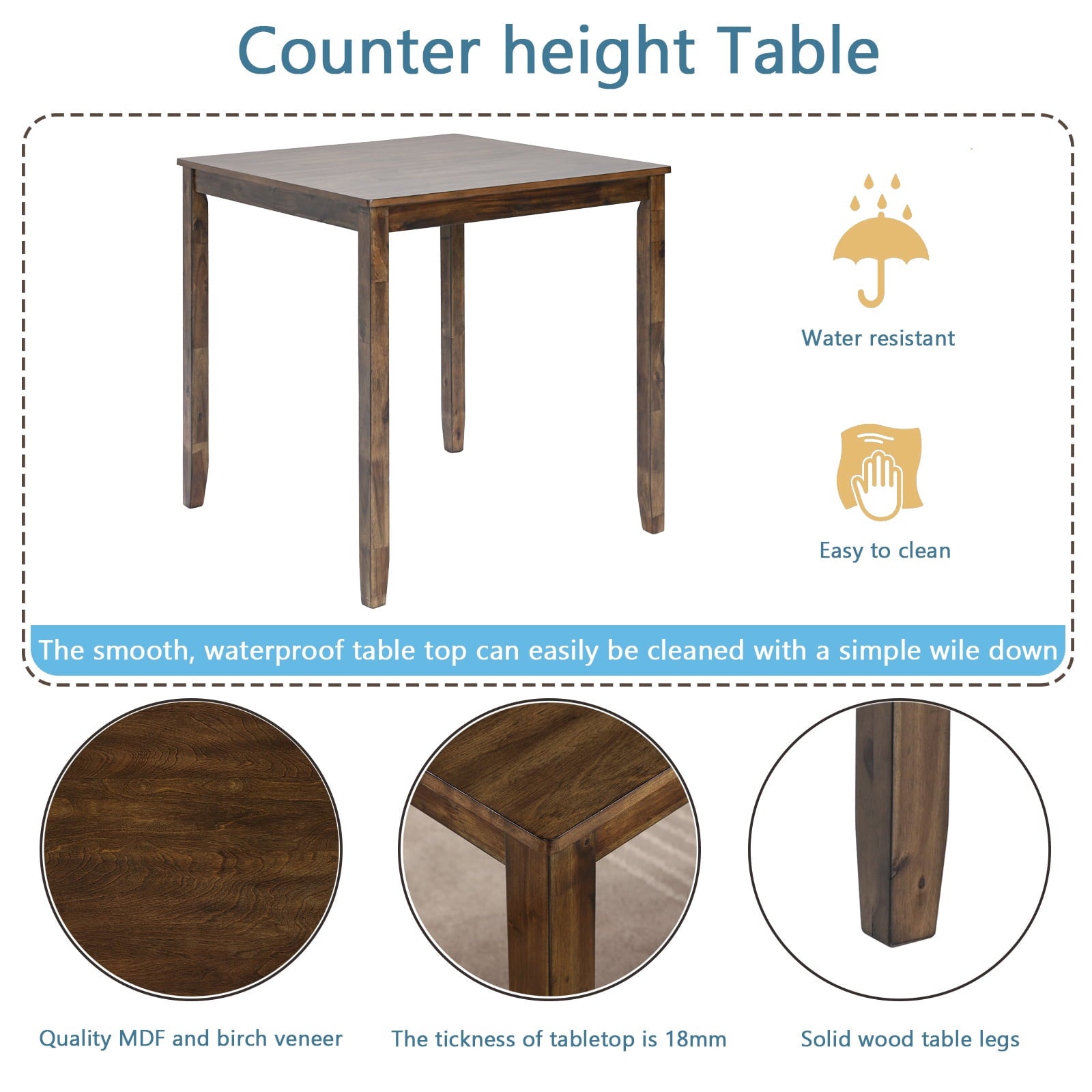 UHOMEPRO Dining Table Set for 4, Modern Counter Height Kitchen Table with 4 Upholstered Chairs, 5 Piece Solid Wood Dining Room Set, Farmhouse Kitchen Dining Table set of 4 for Home, Walnut Style A