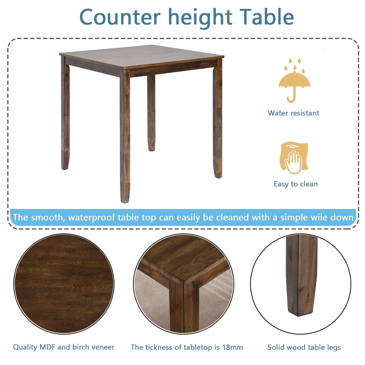 UHOMEPRO Dining Table Set for 4, Modern Counter Height Kitchen Table with 4 Upholstered Chairs, 5 Piece Solid Wood Dining Room Set, Farmhouse Kitchen Dining Table set of 4 for Home, Walnut Style A