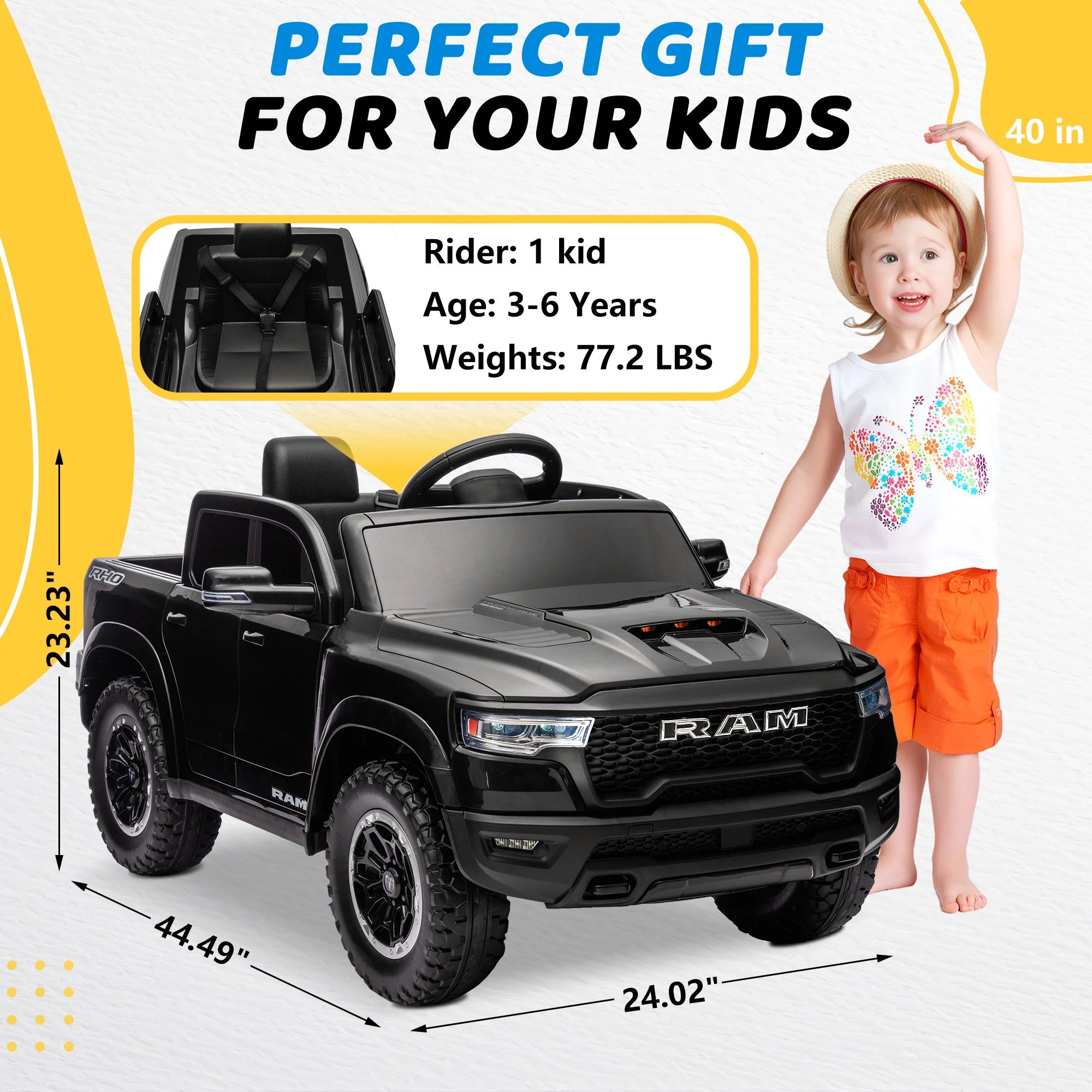 RAM 1500 Ride on Truck Cars, 12V Powered Ride on Toys with Remote Control, 4 Wheel Suspension Electric Cars for 3-5 Yrs Boy Girl W/Key Switch, Safety Belt, Music, Bluetooth, LED Lights, Black