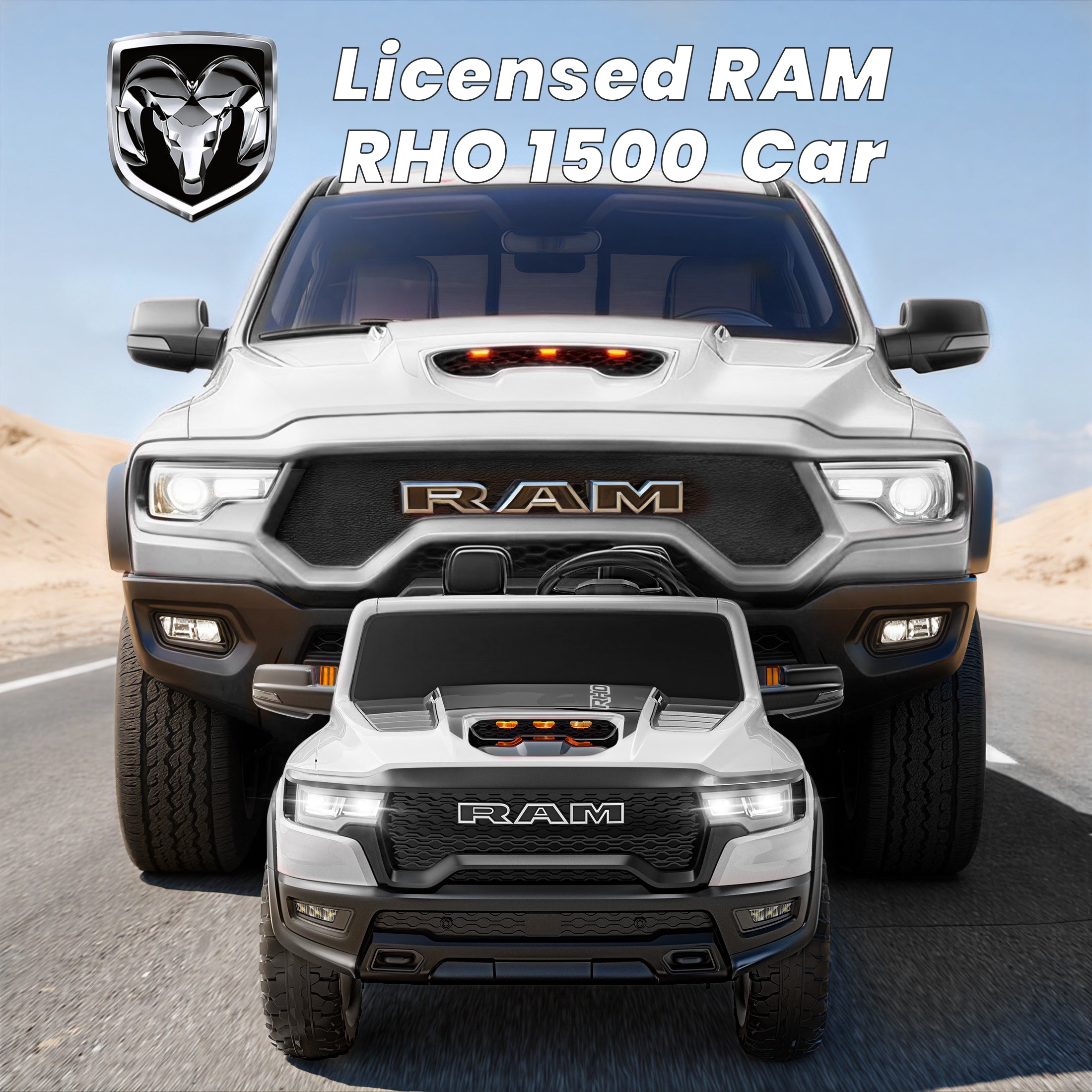 24V 2 Seats Ride On Car for Kids, Licensed RAM RHO 1500 Powered Electric Car with 4 Wheels Spring Suspesion, Ride On Toy for 3-8 Year Boys & Girls with Remote Control, Horm, Siren, LED Lights