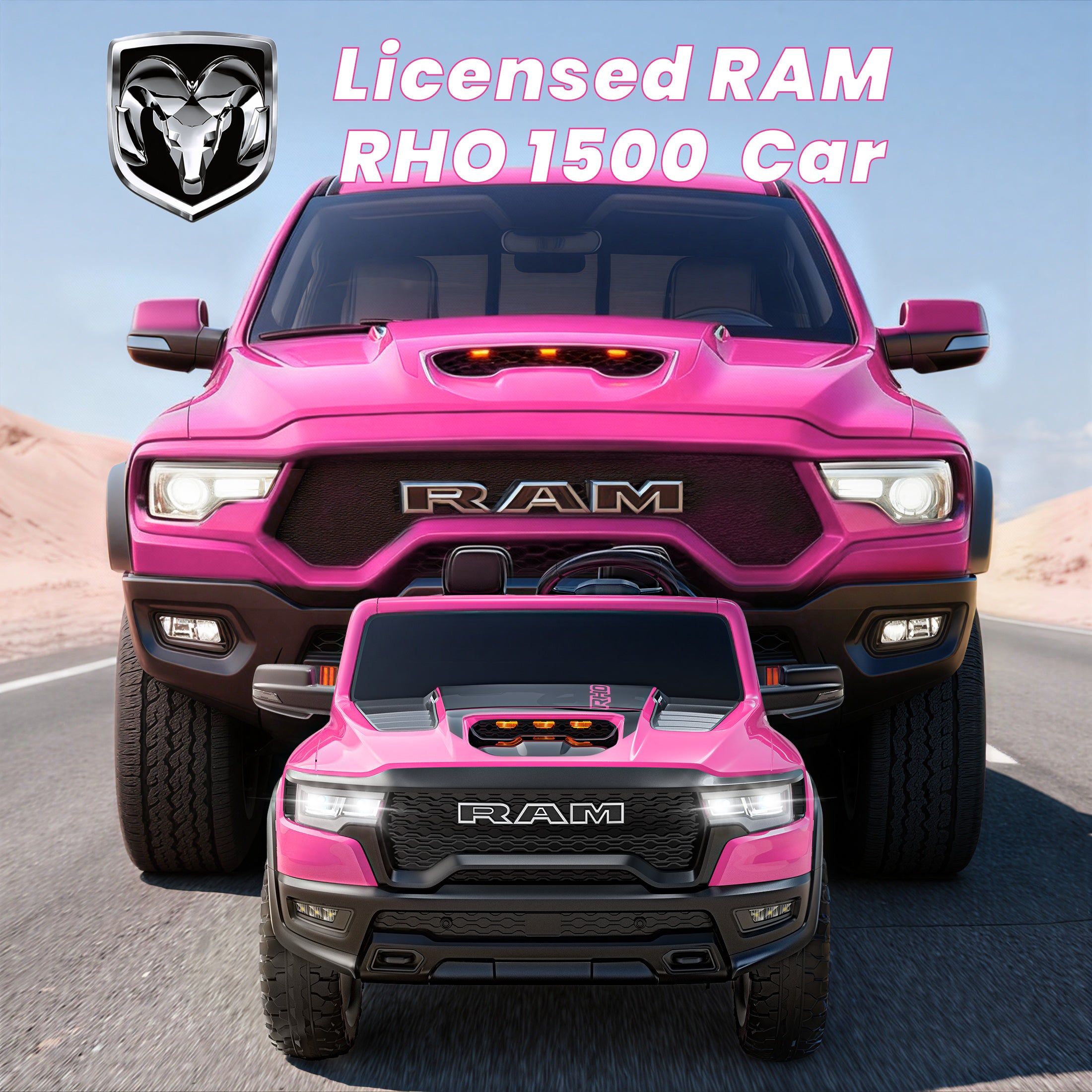 24V 2 Seats Ride On Car for Kids, Licensed RAM RHO 1500 Powered Electric Car with 4 Wheels Spring Suspesion, Ride On Toy for 3-8 Year Boys & Girls with Remote Control, Horm, Siren, LED Lights