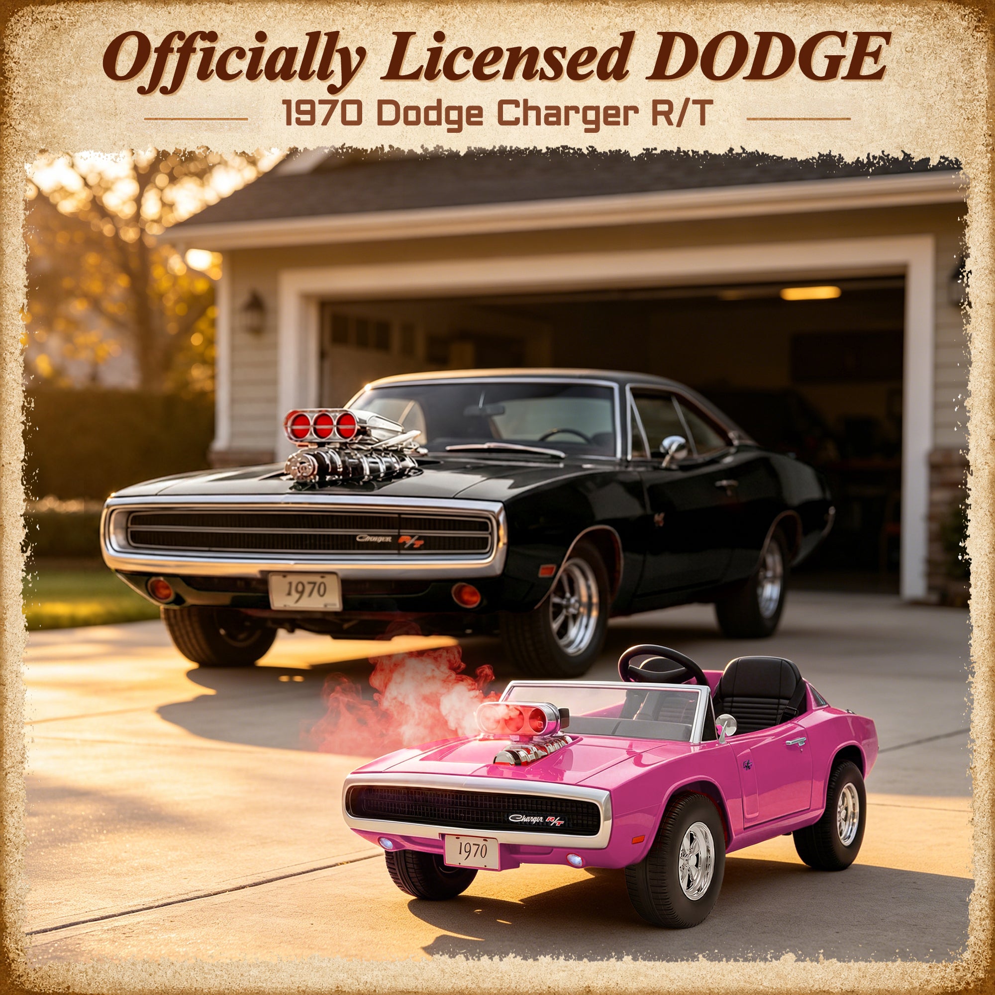 24V Ride On Car for Kids, Licensed Dodge 1970 Charger R/T Electric Car w/Parent Remote Control, Engine Spray, LED Lights, Bluetooth, MP3, 4-Wheel Spring Suspension, Ride On Toys for Ages 3+