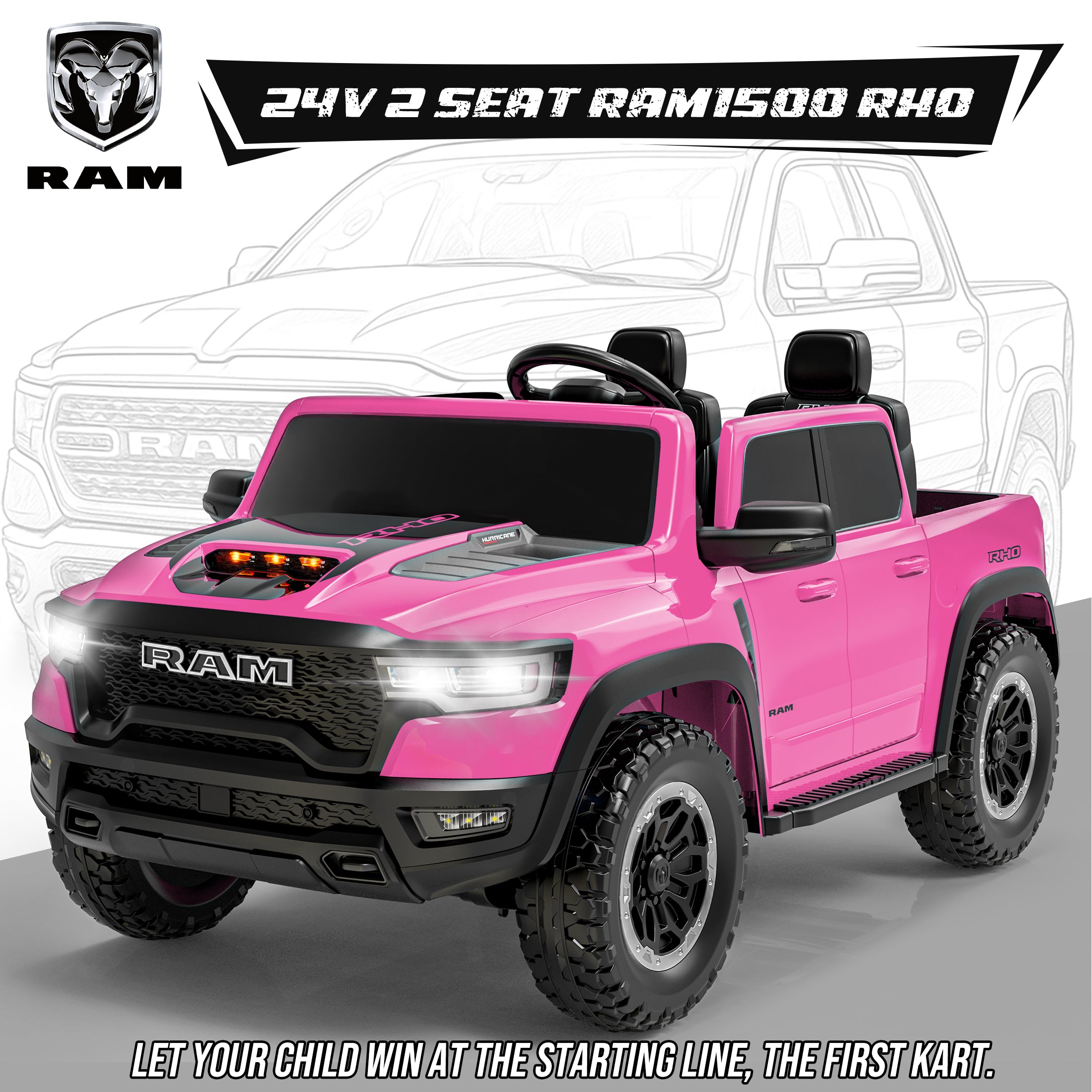 COCLUB RAM 24V Ride on Cars for Tow Kids, RAM 1500 RHO 2 Seat Battery Powered Ride on Toys with Remote Control, 4 Wheels Suspension Trunk, LED Light, MP3 Player, Electric Car for Kids Boy Girl Gift（副本）