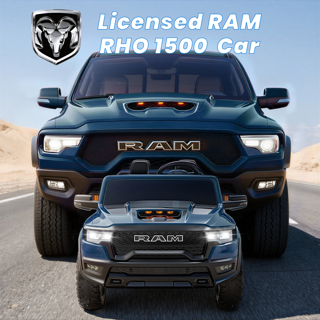 24V 2 Seats Ride On Car for Kids, Licensed RAM RHO 1500 Powered Electric Car with 4 Wheels Spring Suspesion, Ride On Toy for 3-8 Year Boys & Girls with Remote Control, Horm, Siren, LED Lights