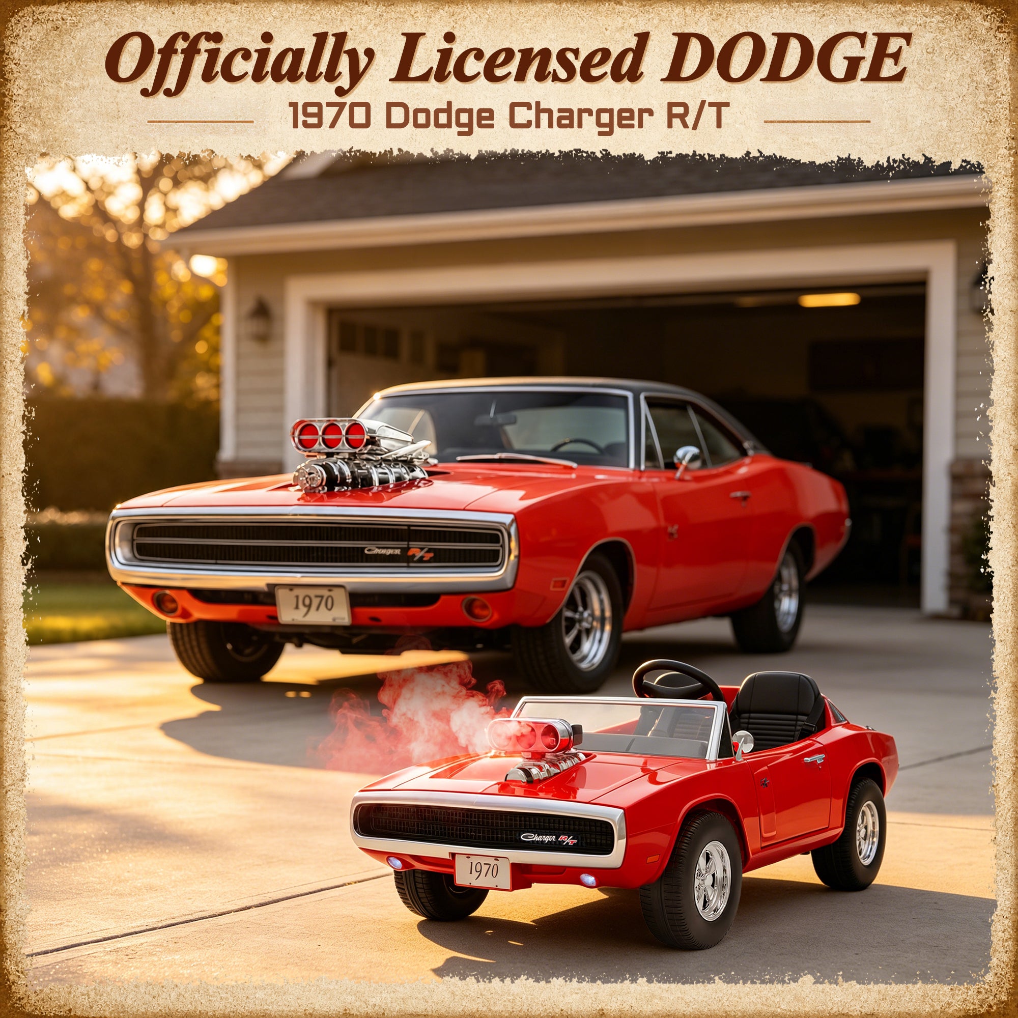 24V Ride On Car for Kids, Licensed Dodge 1970 Charger R/T Electric Car w/Parent Remote Control, Engine Spray, LED Lights, Bluetooth, MP3, 4-Wheel Spring Suspension, Ride On Toys for Ages 3+