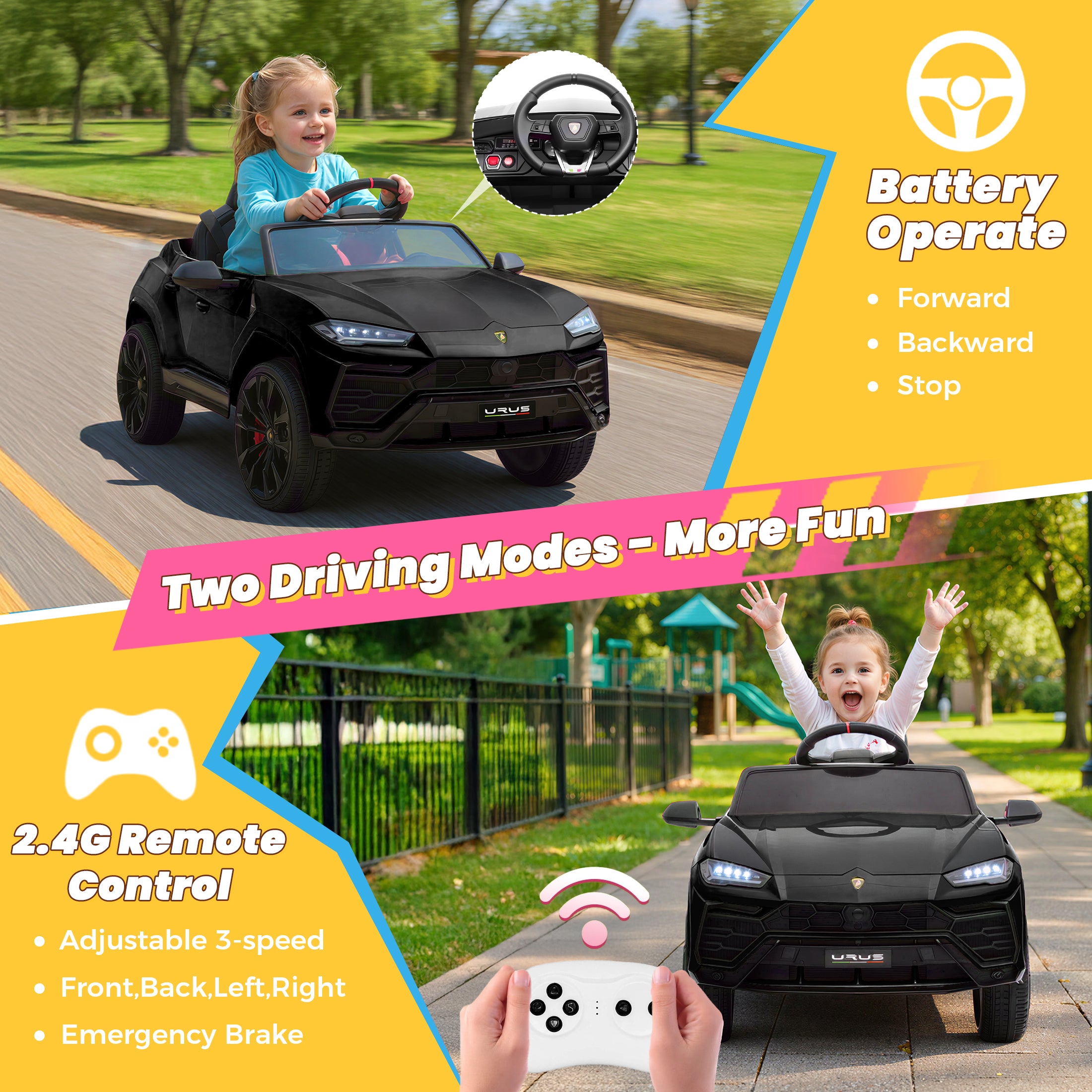 Lamborghini 12V Kids Ride On Car with Remote Control, Battery Powered Electric Car with 4 Wheels, USB, Ride On Toys for 3+ Years Olds Girls Boys, Pink