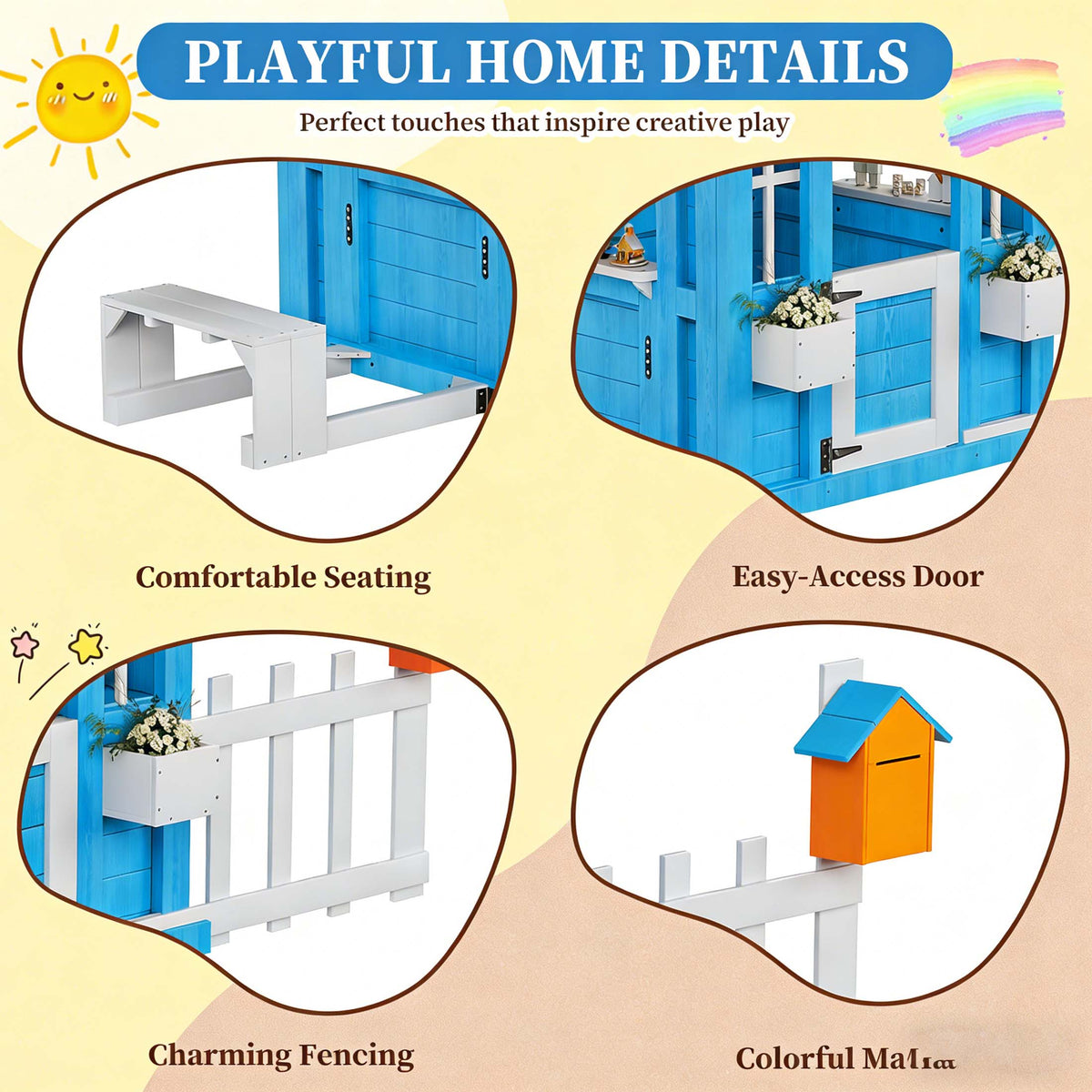 COCLUB Playhouse for Kids, Backyard Playground with Play Kitchen, Snack Bar, Picnic Bench, Dinner Bell, Mailbox, Flowerpot Holders, Outdoor Playhouses for 2 to 10 Year Olds, Wooden Clubhouse Outside