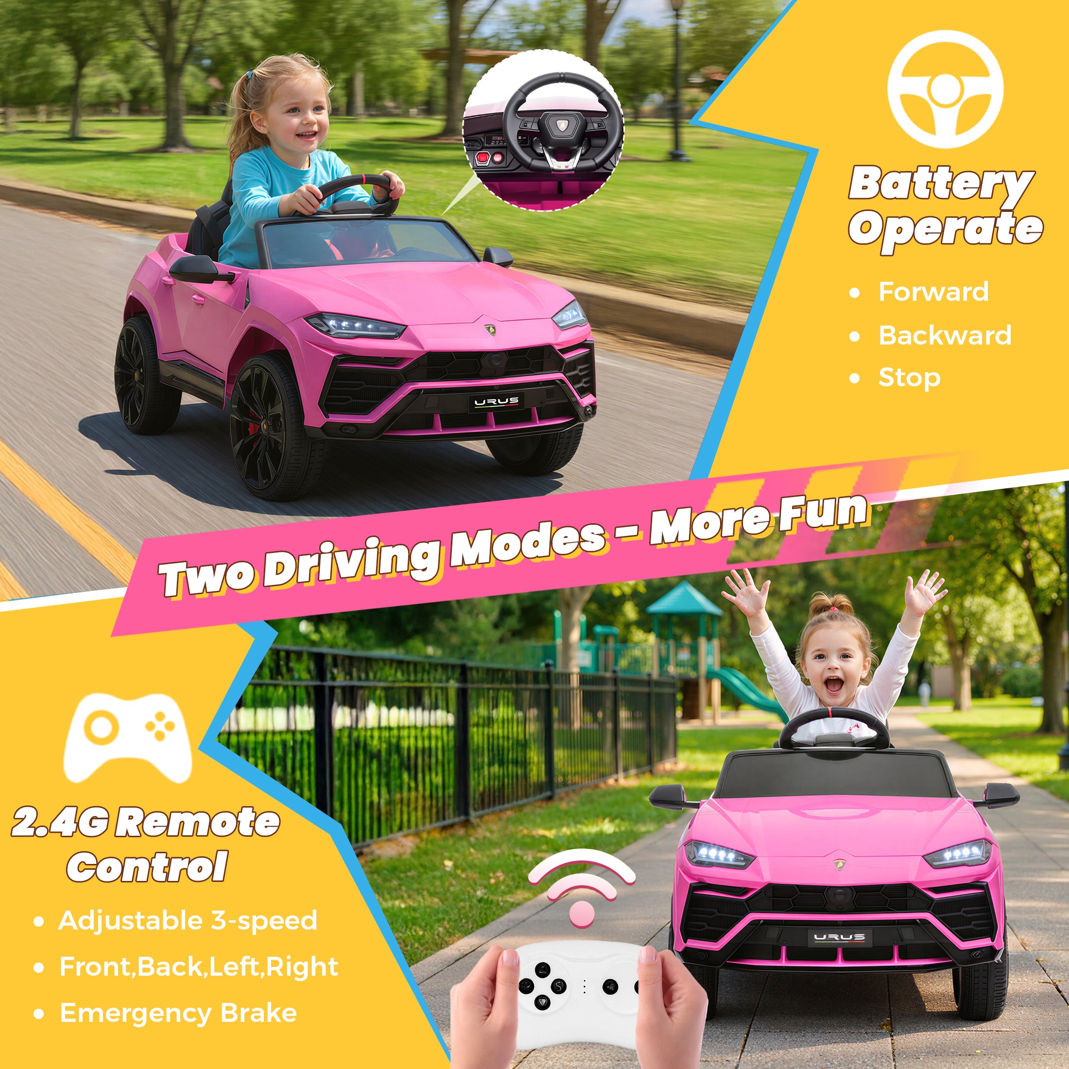 Lamborghini 12V Kids Ride On Car with Remote Control, Battery Powered Electric Car with 4 Wheels, USB, Ride On Toys for 3+ Years Olds Girls Boys, Pink