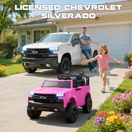 24V Ride On Car for Kids, Chevrolet Silverado 2 Seater Ride On Truck, Powered Electric Car with Remote Control, 90W Dual Motors, MP3 Bluetooth, LED, Ride On Toys for Boys Girls Ages 3–8 (Pink)