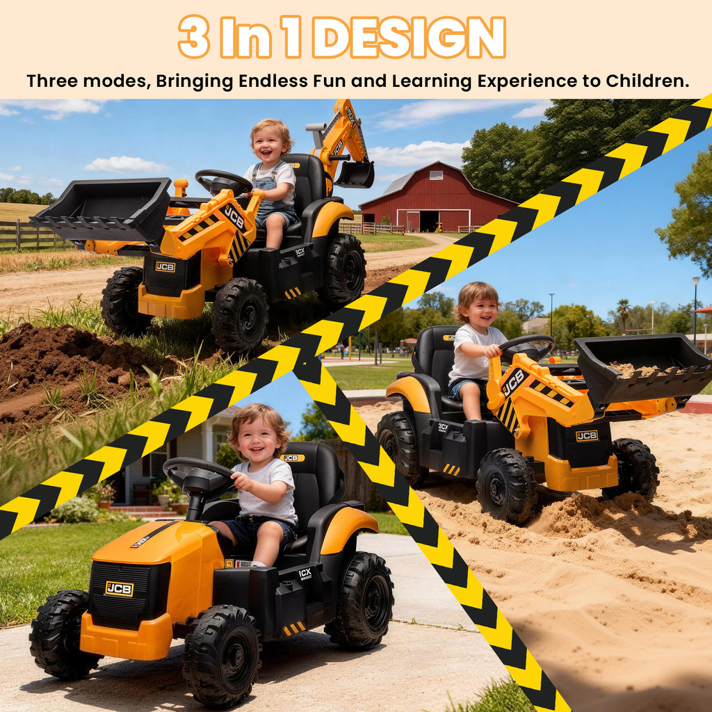 JCB 24V Ride On Excavator, 2 IN 1 Kids Electric Construction Ride on with Remote Control, Front Loader Bulldozer, Digger, Music, Ride on Toys for 3-6 Boys Girls, Yellow