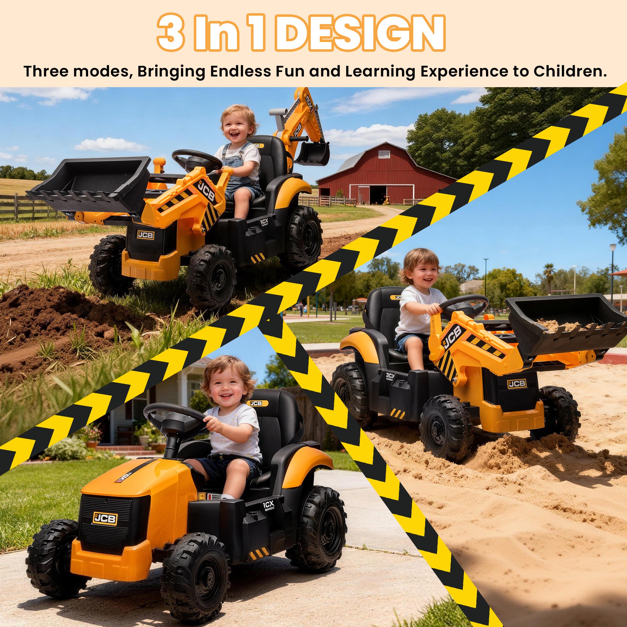 JCB 24V Ride On Excavator, 2 IN 1 Kids Electric Construction Ride on with Remote Control, Front Loader Bulldozer, Digger, Music, Ride on Toys for 3-6 Boys Girls, Yellow