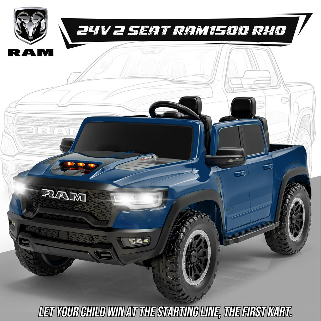 COCLUB RAM 24V Ride on Cars for Tow Kids, RAM 1500 RHO 2 Seat Battery Powered Ride on Toys with Remote Control, 4 Wheels Suspension Trunk, LED Light, MP3 Player, Electric Car for Kids Boy Girl Gift