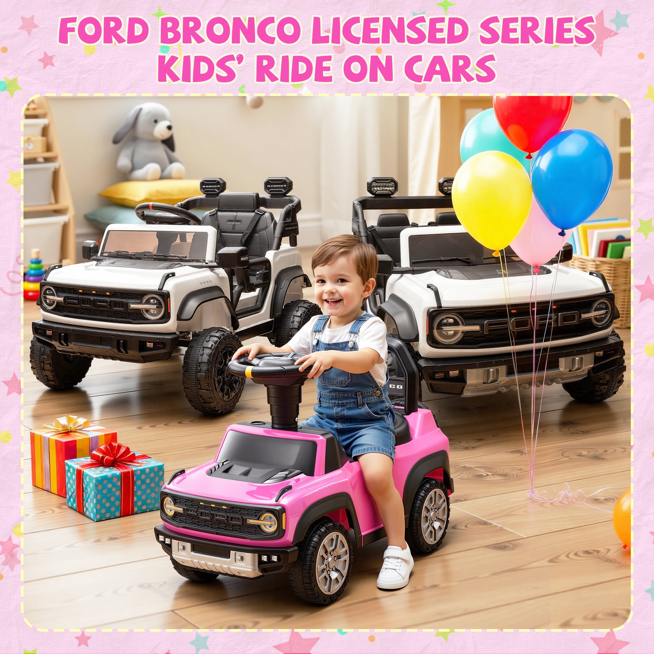 COCLUB Ride On Car for Toddlers 1–3, Ford Bronco Ride On Toy with Steering Wheel, Music, Horn & Engine Sounds, Under Seat Storage, Silent Wheels, Easy Walker & Push Car for Boys & Girls, Pink