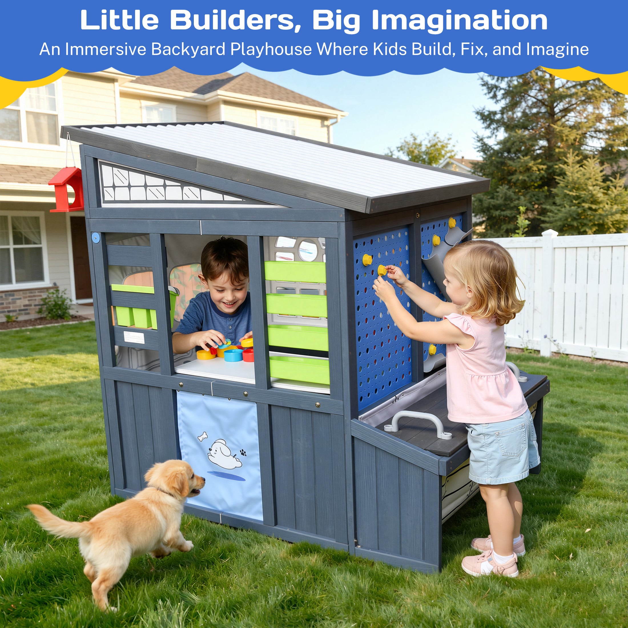 COCLUB Outdoor Tool Shed Playhouse for Kids, Wooden Play House with Workbench & Accessories, Blue and Red Toddler Play Set, Toys for Backyard