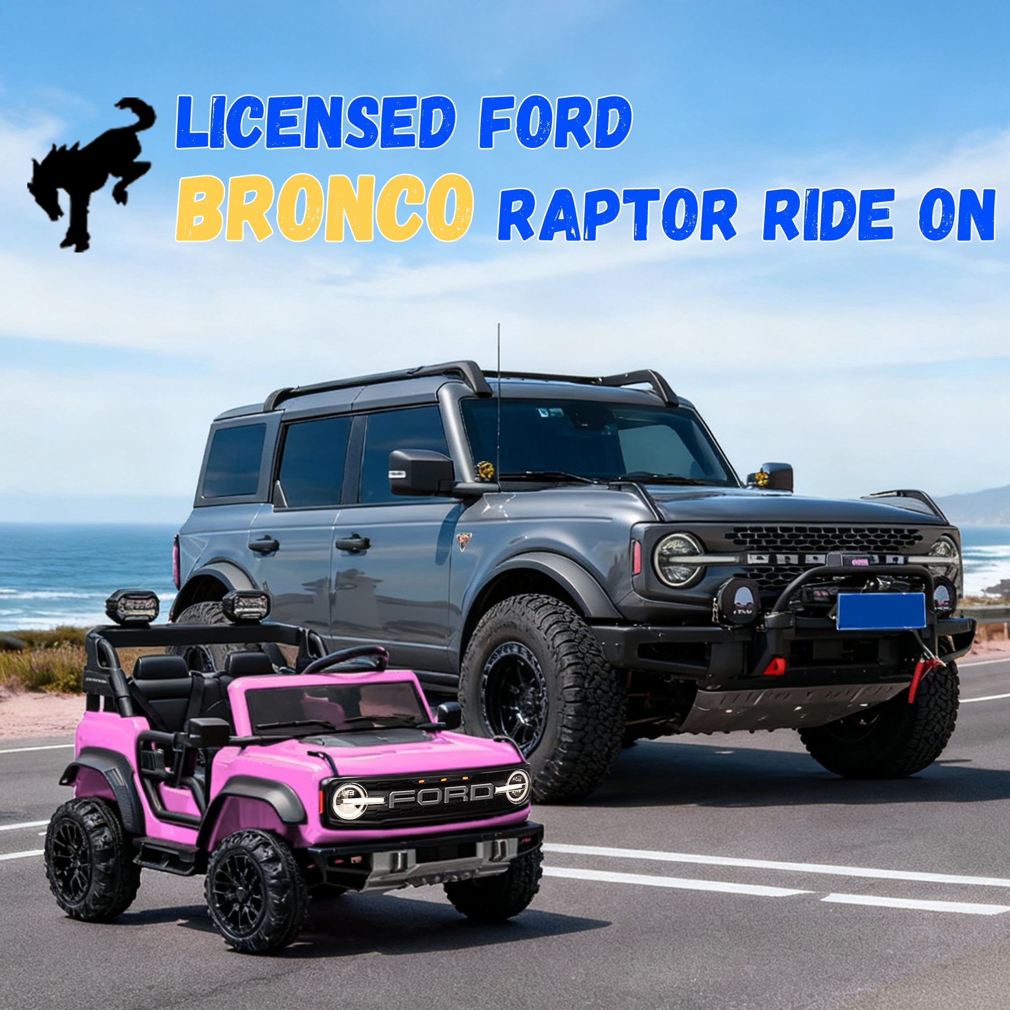 2 Seats 24V Electric Car for Big Kids, Licensed Ford Bronco Raptor Powered Ride On Car with 4 Wheels Spring Suspension, Parent Remote Control, 24V Ride On Toys for Ages 3-8 Boys Girls Gifts