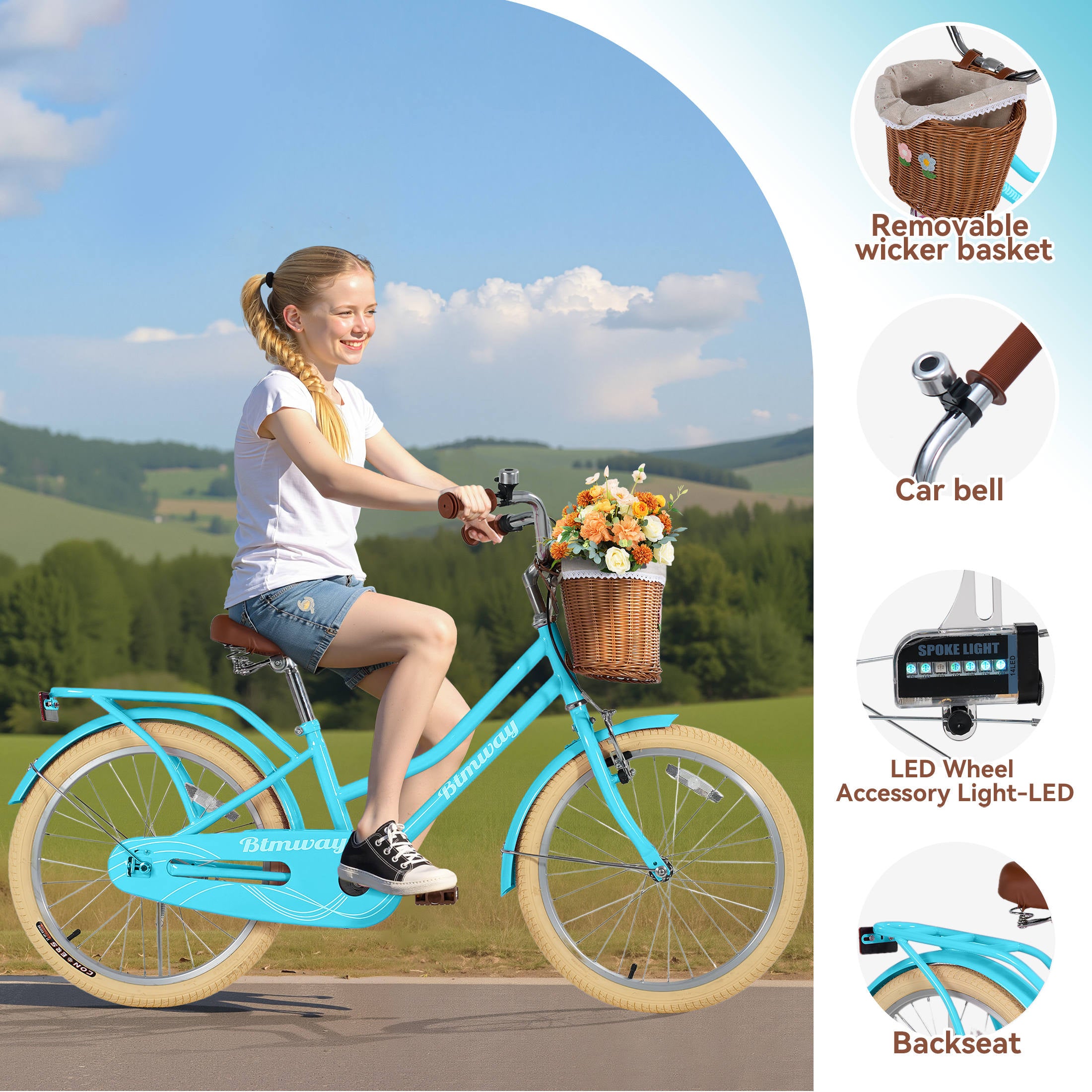 Kids Bike for Girls Ages 7-10 Years - 20" Children's Bicycle, leather Seat & Handlebars, Basket, Front Hand Brakes, Rear Coaster Brake & Safety Bell, Purple