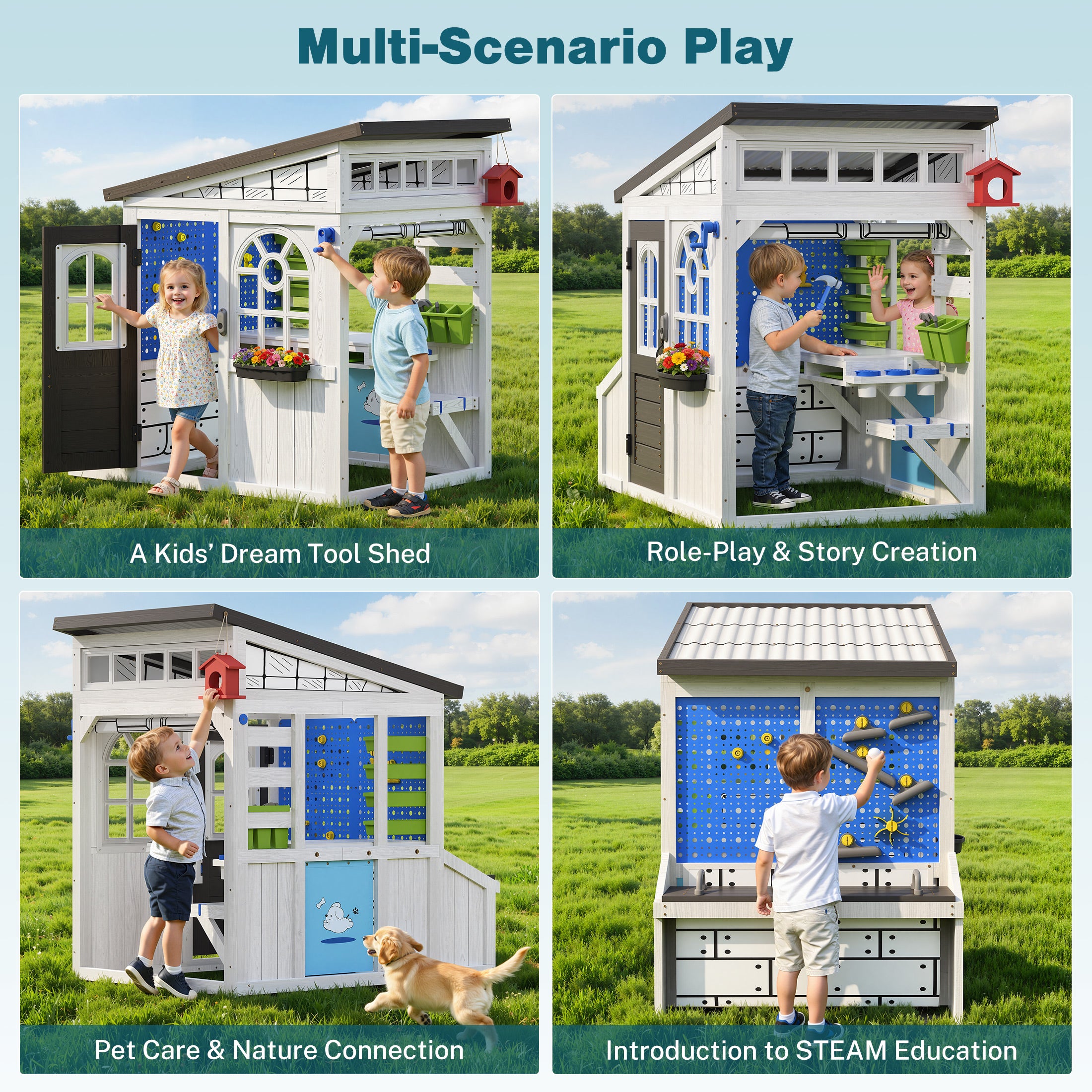 COCLUB Storage Shed Outdoor Wooden Playhouse with Workbench/ Pegboard& Ball Track, Kids Todder Ages 3+