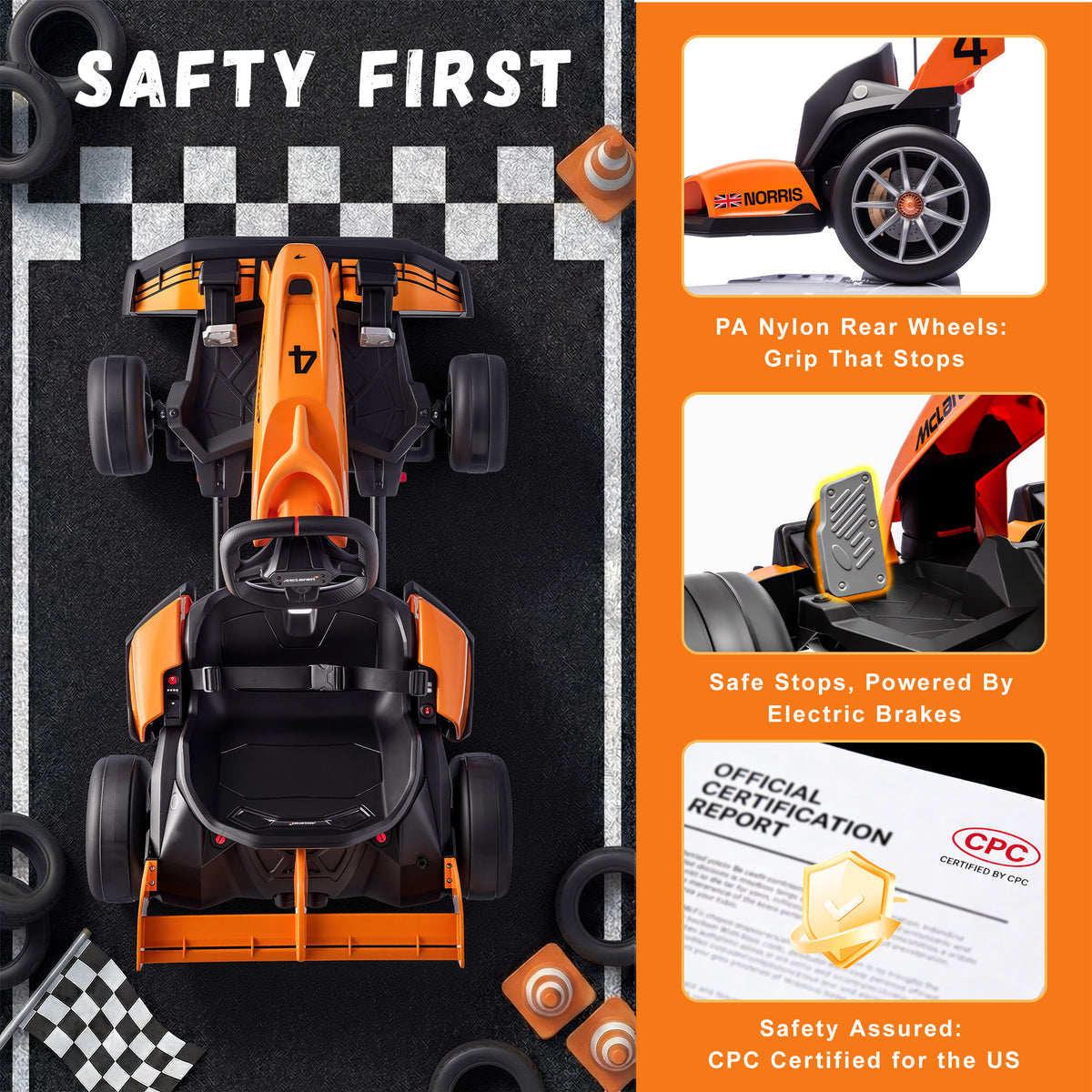 McLaren 24V Ride On Go Kart for Kids, Drifting Ride On with LED Lights, Foldable Design, Ride On Toy for Age 6+ Kids