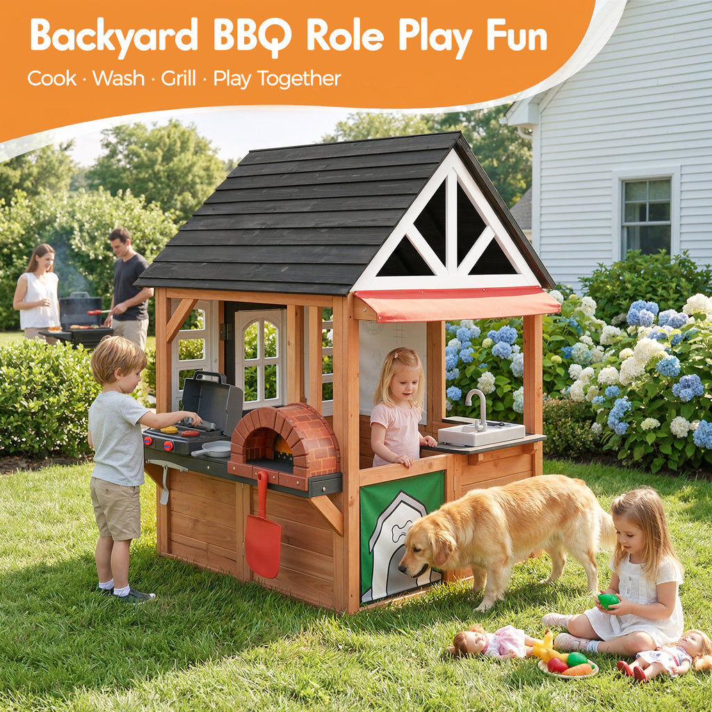 COCLUB Outdoor Tool Shed Playhouse for Kids, Wooden Play House with Workbench & Accessories, Blue and Red Toddler Play Set, Toys for Backyard