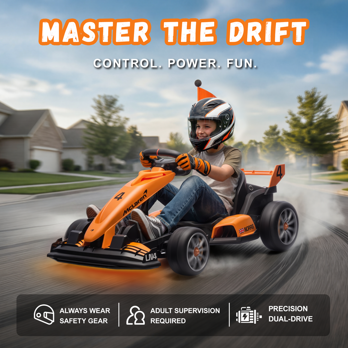 McLaren 24V Ride On Go Kart for Kids, Drifting Ride On with LED Lights, Foldable Design, Ride On Toy for Age 6+ Kids