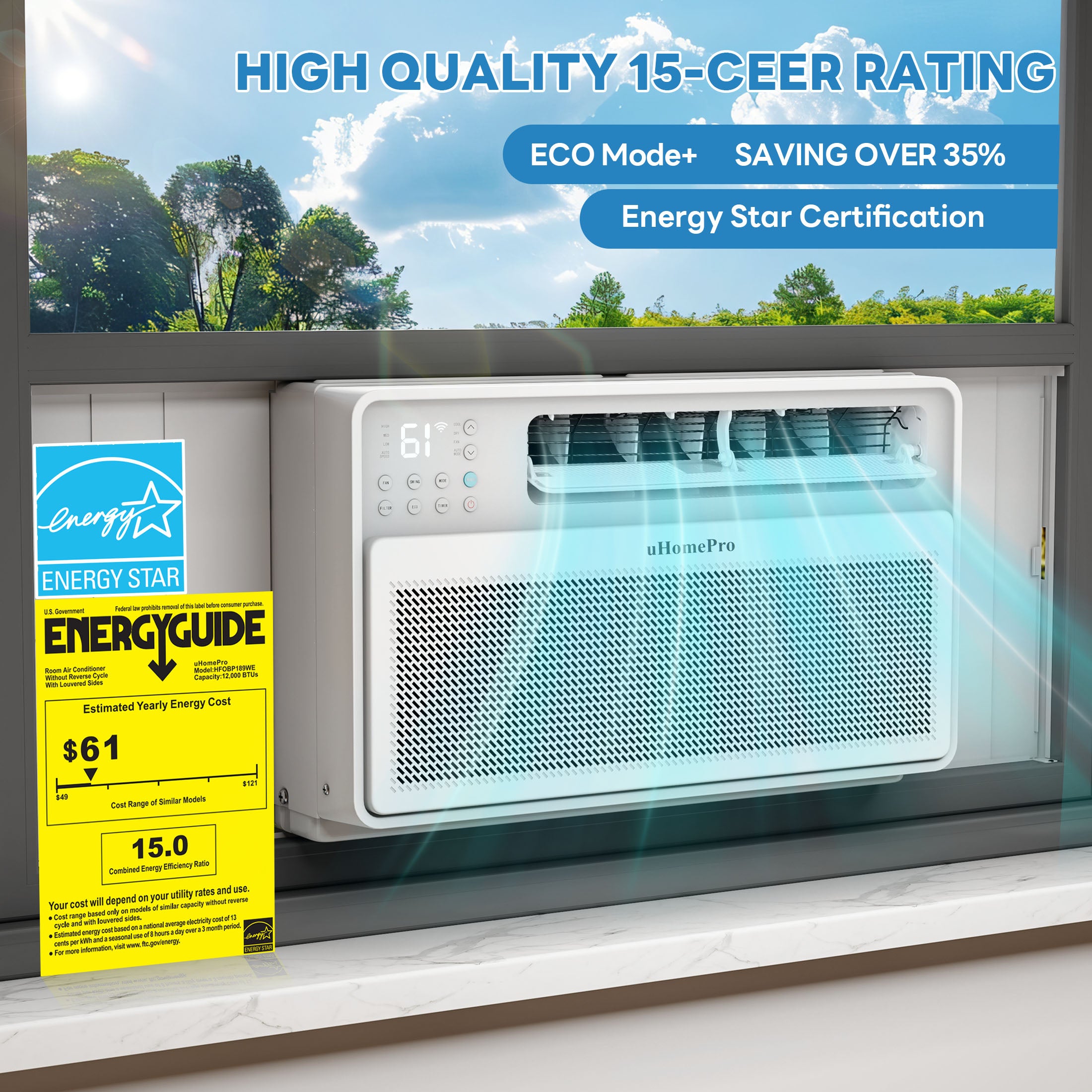 UHOMEPRO 12000 BTU Window Air Conditioner, 15-CEER Energy Efficient Window Air Conditioners, 35% Energy Saving, 42dB Super Quiet, Smart Inverter AC Window Unit, Fast Cooling, Easy Install