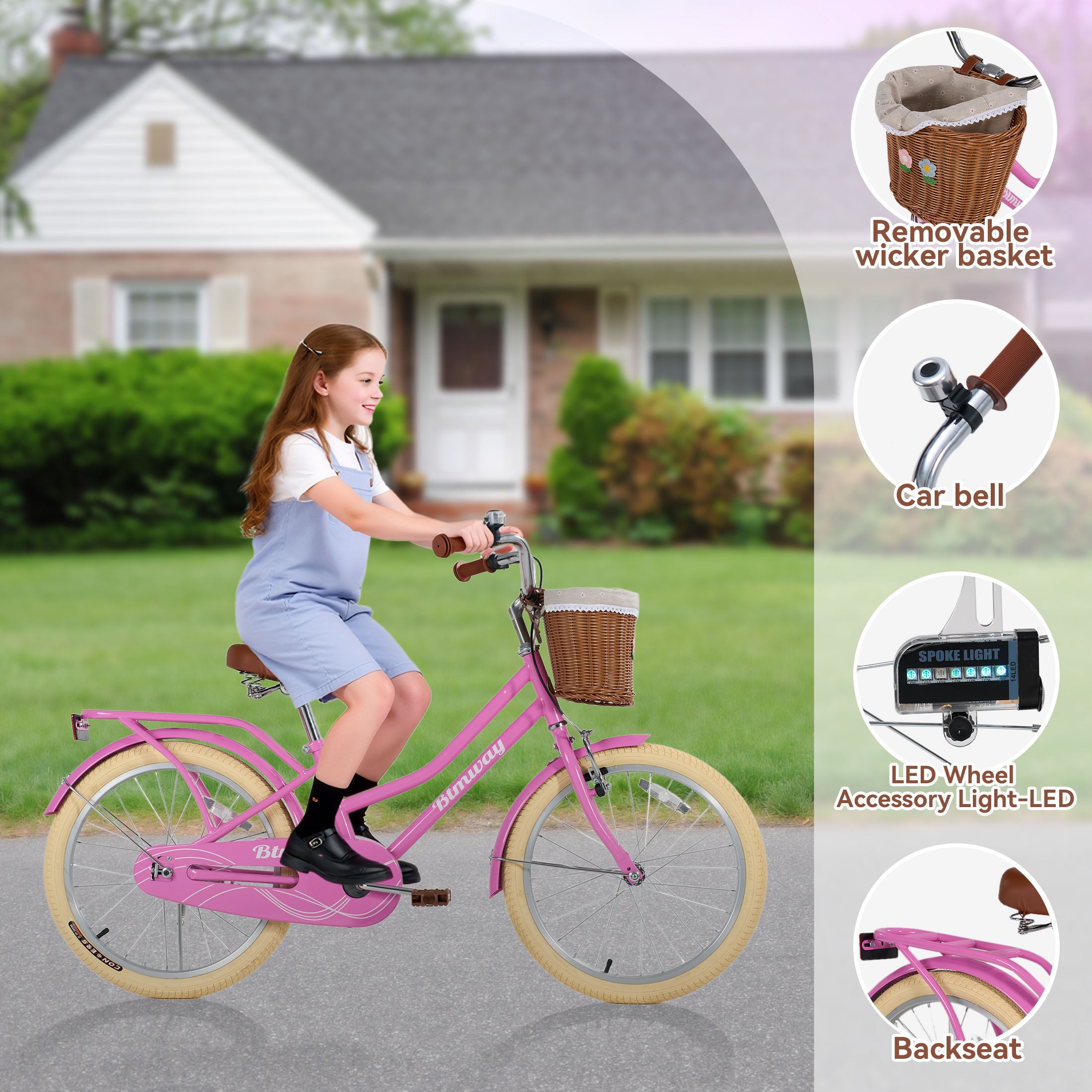 Kids Bike for Girls Ages 7-10 Years - 20" Children's Bicycle, leather Seat & Handlebars, Basket, Front Hand Brakes, Rear Coaster Brake & Safety Bell, Purple
