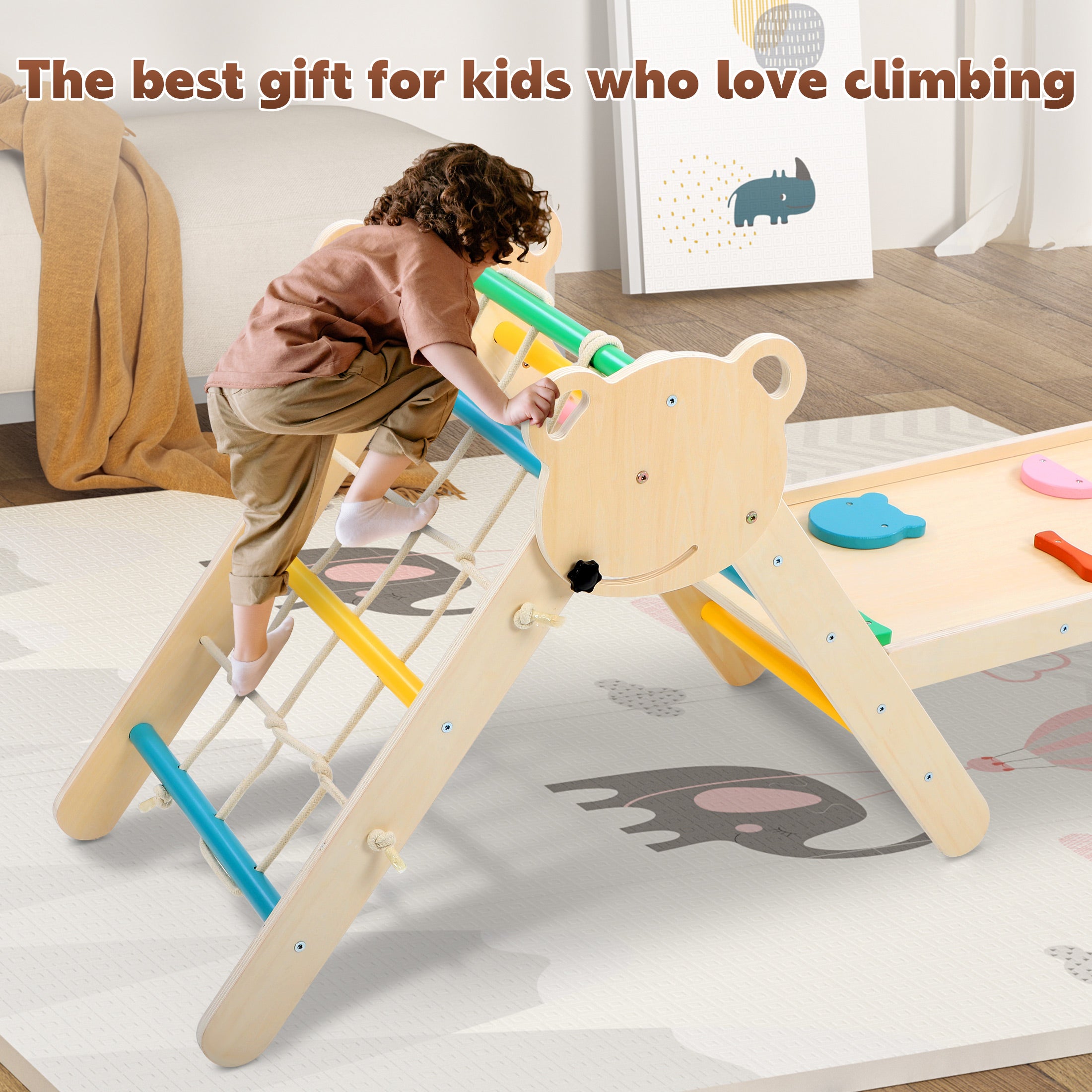 COCLUB Pikler Triangle Climbing Set, 7in1 Toddler Climbing Toys Indoor with Arch&Ramp&Ladder, Climbing Toys for Toddlers 1-3 Inside Gym - Rainbow