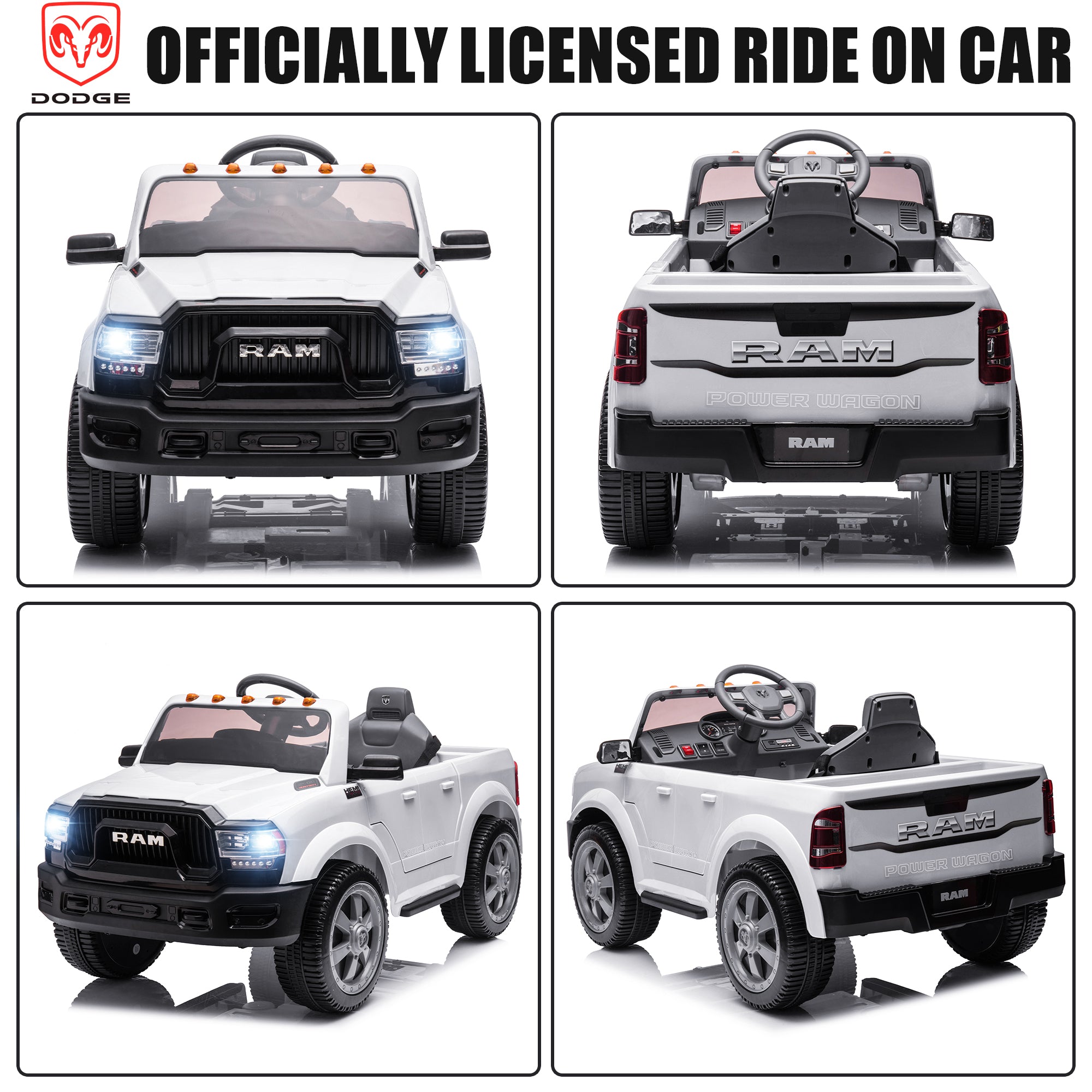 Dodge RAM Ride on Car, 12V Powered Ride on Toy with Remote Control, Rear Wheel Suspension, 5 Point Safety Belt, MP3 Player, Bluetooth, LED Lights, Electric Vehicles for 3-8 Years Boys Girls, Black
