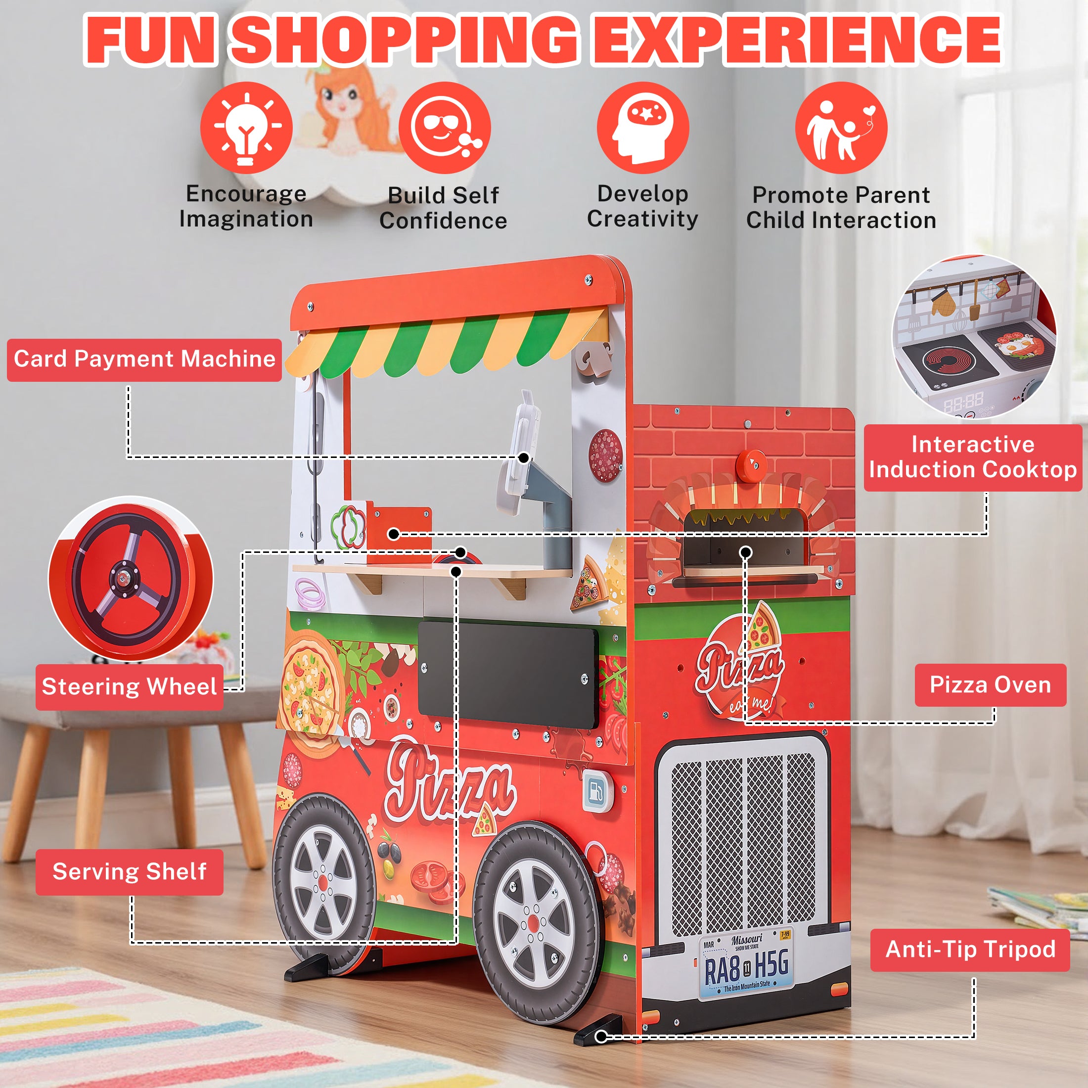 Wooden Pizza Food Truck Toy for Kids, 3 in 1 Pretend Play Kitchen with Ice Cream Cart & Grill, Kids Pizza Cart with Play Food & Menu Board, Montessori Role Wooden Pizza Shop Playset for Ages 3+, Red