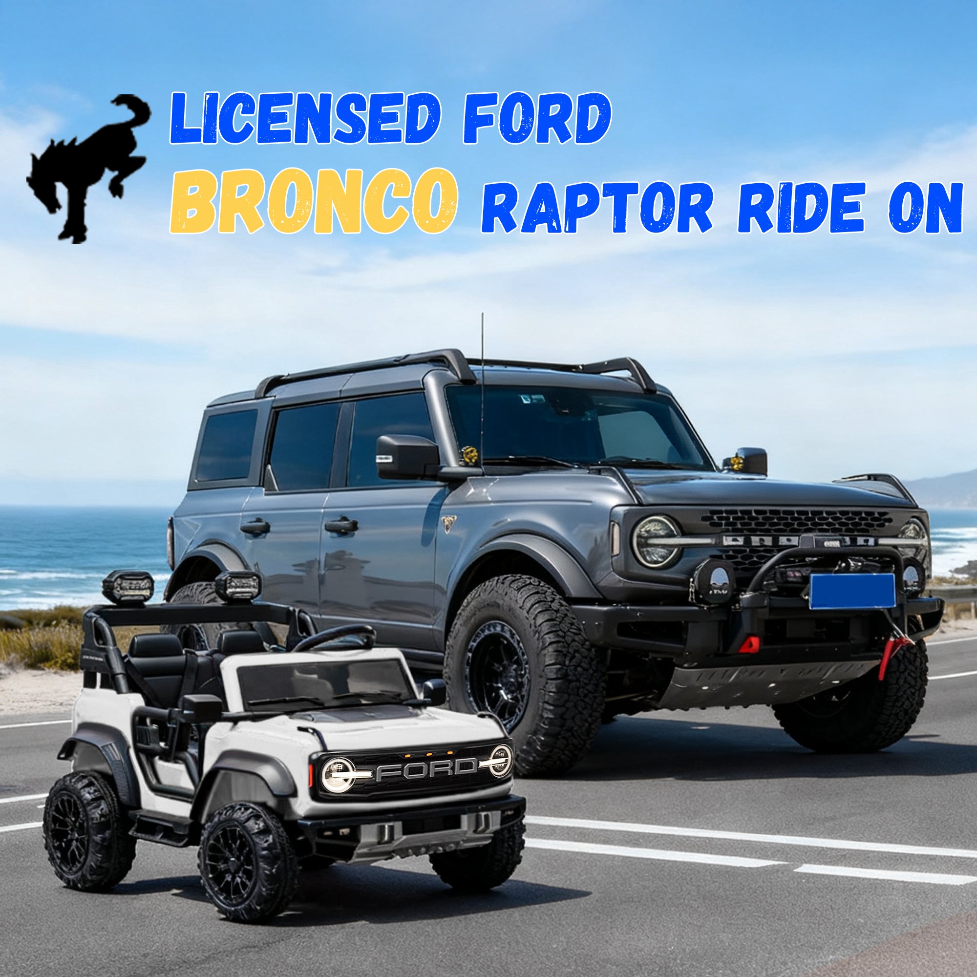 2 Seats 24V Electric Car for Big Kids, Licensed Ford Bronco Raptor Powered Ride On Car with 4 Wheels Spring Suspension, Parent Remote Control, 24V Ride On Toys for Ages 3-8 Boys Girls Gifts
