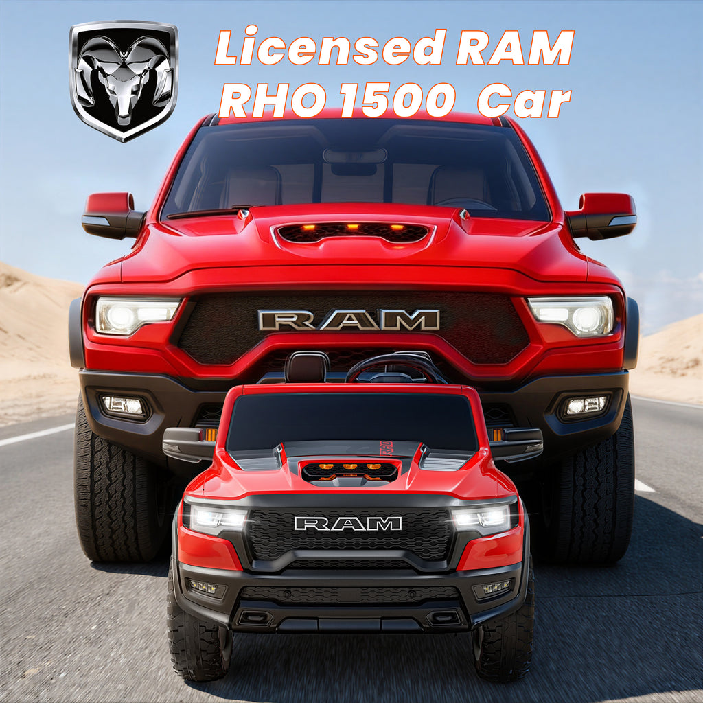 24V 2 Seats Ride On Car for Kids, Licensed RAM RHO 1500 Powered Electric Car with 4 Wheels Spring Suspesion, Ride On Toy for 3-8 Year Boys & Girls with Remote Control, Horm, Siren, LED Lights