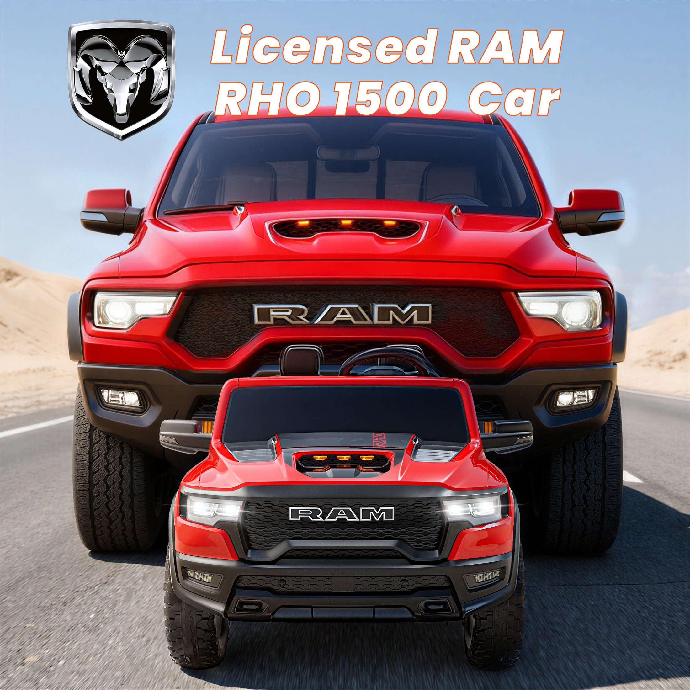24V 2 Seats Ride On Car for Kids, Licensed RAM RHO 1500 Powered Electric Car with 4 Wheels Spring Suspesion, Ride On Toy for 3-8 Year Boys & Girls with Remote Control, Horm, Siren, LED Lights